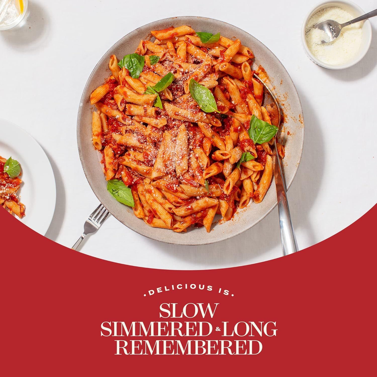 Communicates the product's slow-simmered preparation method and memorable taste to emphasize quality and flavor appeal.