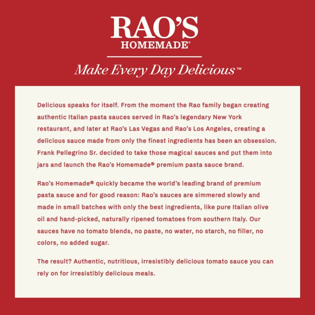Communicates the brand's heritage, restaurant origins, and commitment to authentic Italian ingredients to build trust and position Rao's as a premium pasta sauce brand.