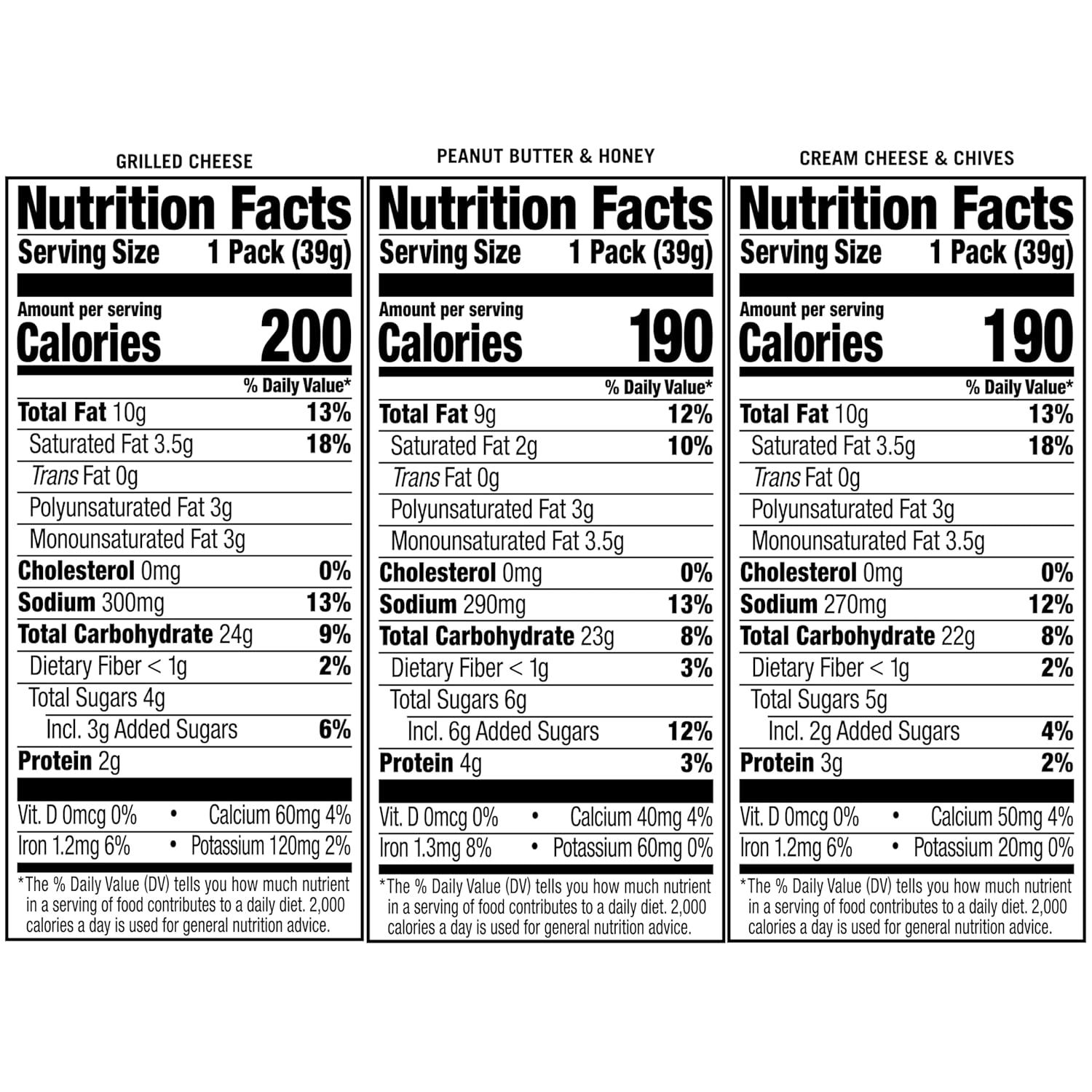Showcases the brand's product portfolio by displaying three different flavor options side-by-side with their nutrition facts, helping shoppers compare and choose between variants.