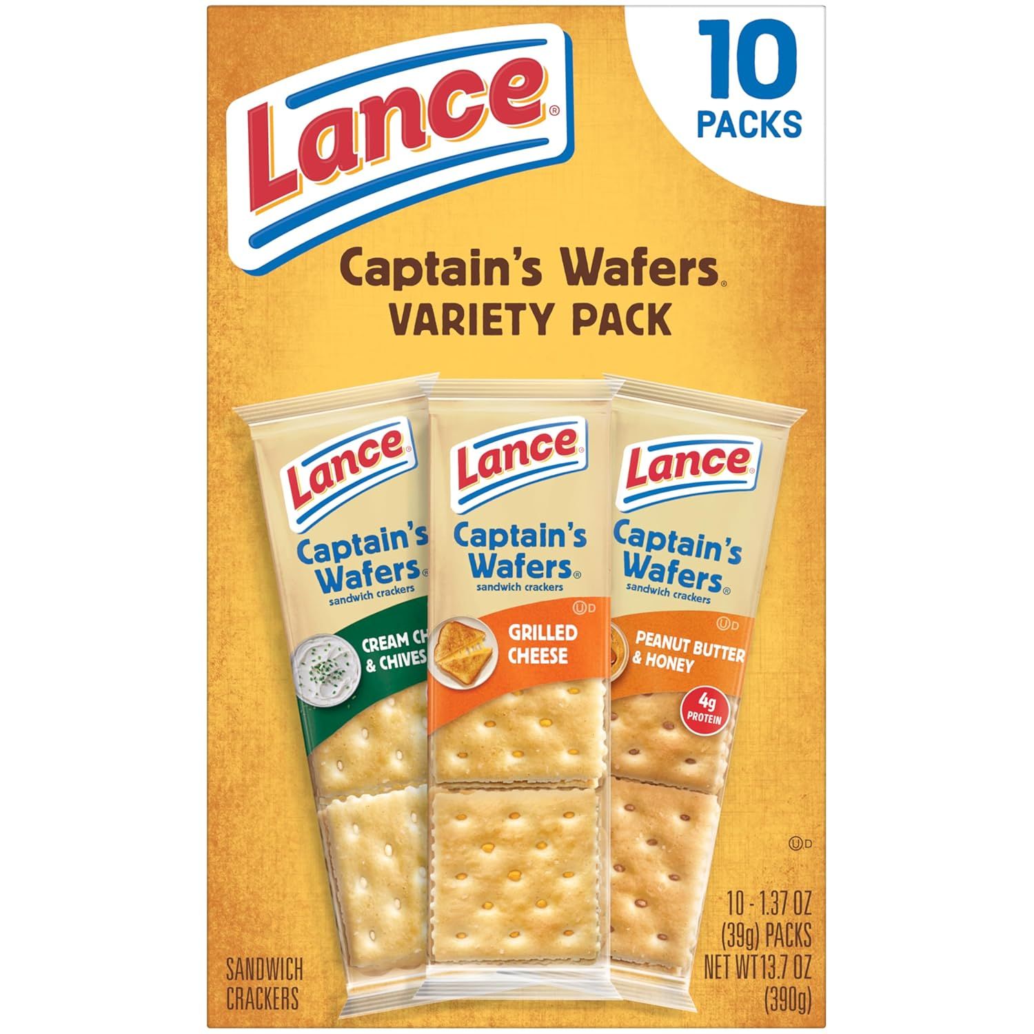 Showcases the brand's variety pack offering with multiple flavor options (Cream Cheese & Chives, Grilled Cheese, Peanut Butter & Honey) to help shoppers understand the product assortment included in…