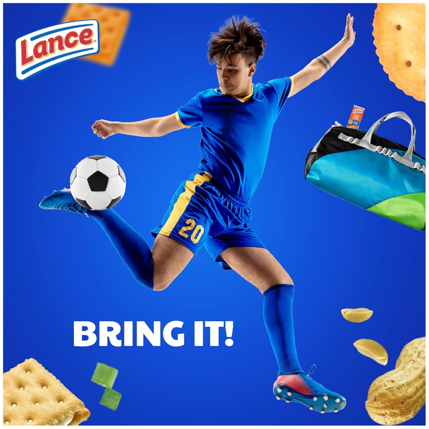Communicates the Lance brand identity and associates it with an active, energetic lifestyle through sports imagery and the motivational tagline 'BRING IT!'