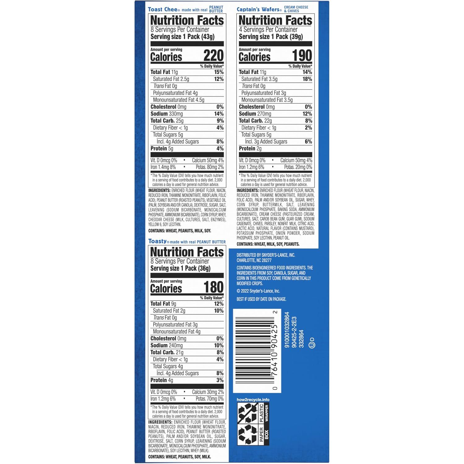 Shows the nutritional information for three different product varieties (Toast Chee, Captain's Wafers, and Toasty) to help shoppers compare options and make informed purchasing decisions.
