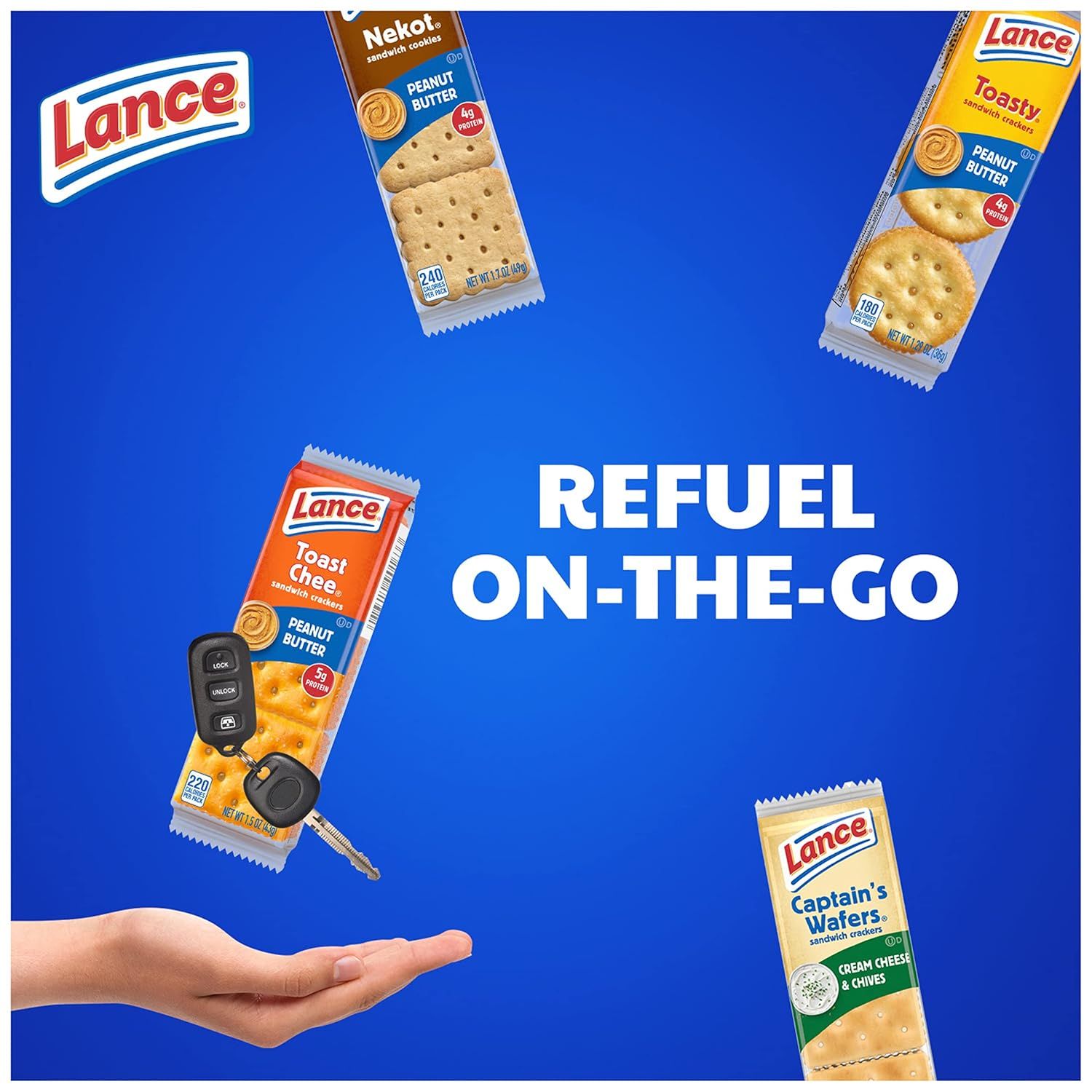 Showcases the Lance brand's variety of sandwich cracker options while positioning them as convenient on-the-go snacks for busy lifestyles.