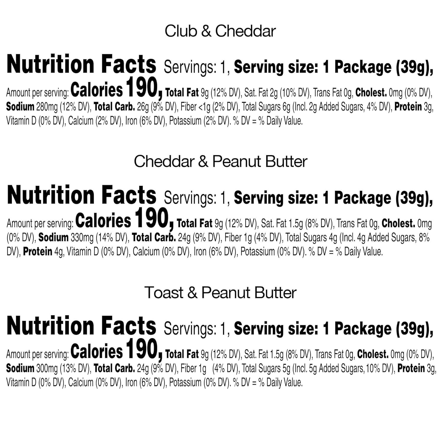 Displays the brand's product lineup by showing three different flavor variants with their respective nutrition facts, helping shoppers compare and choose between available options.