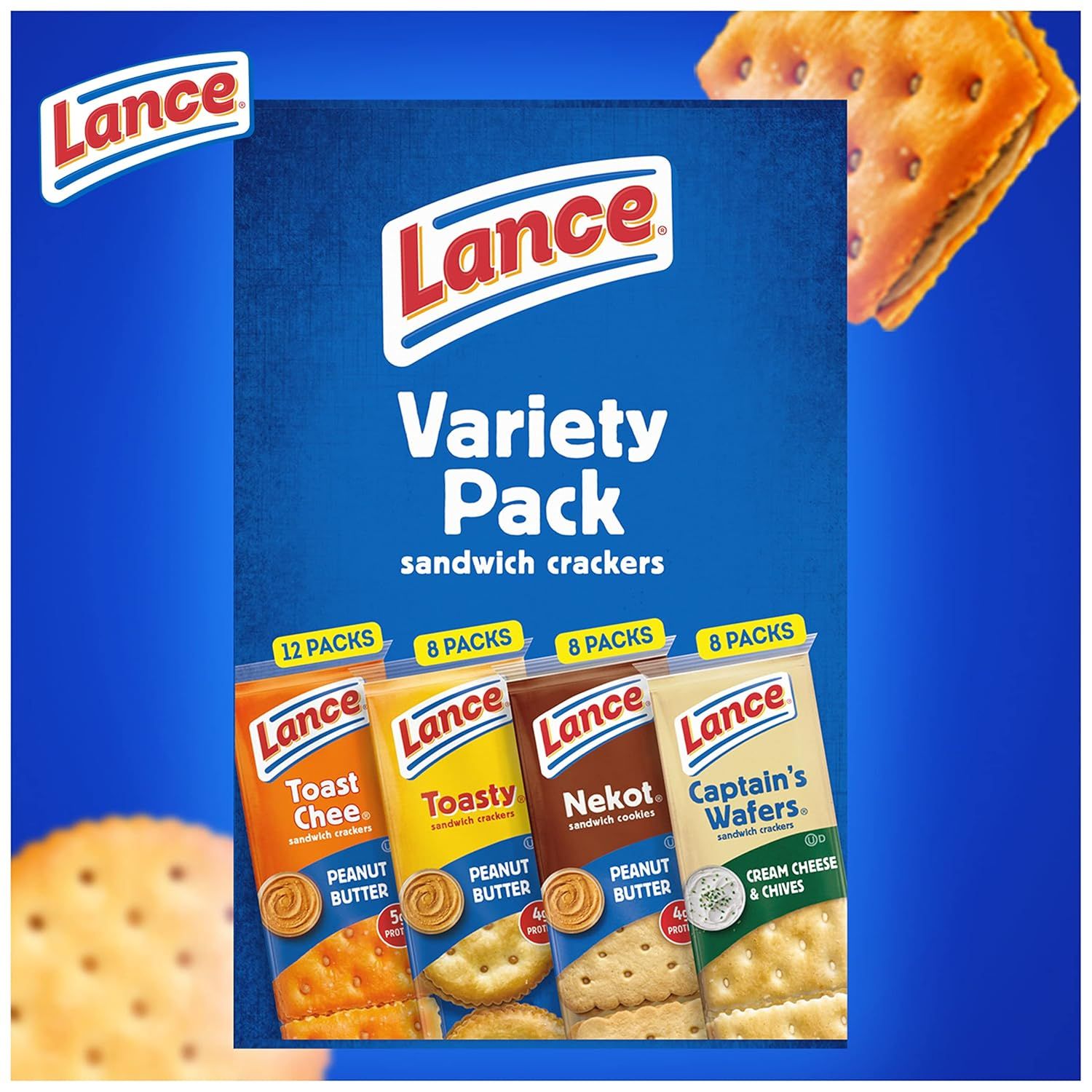 Showcases the brand's variety pack offering by displaying four different Lance sandwich cracker flavors side-by-side, helping shoppers understand the product lineup and variety included in the pack.