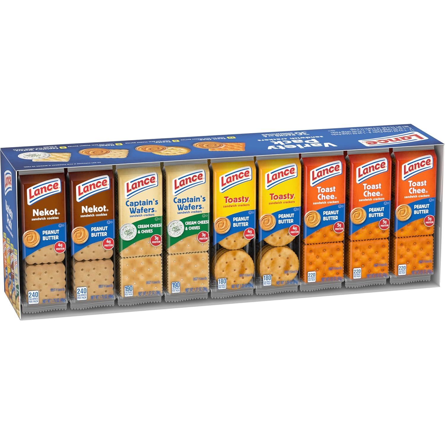 Showcases the Lance brand's variety pack offering with multiple product types including Nekot cookies, Captain's Wafers, Toasty crackers, and Toast Chee, helping shoppers understand the assortment…