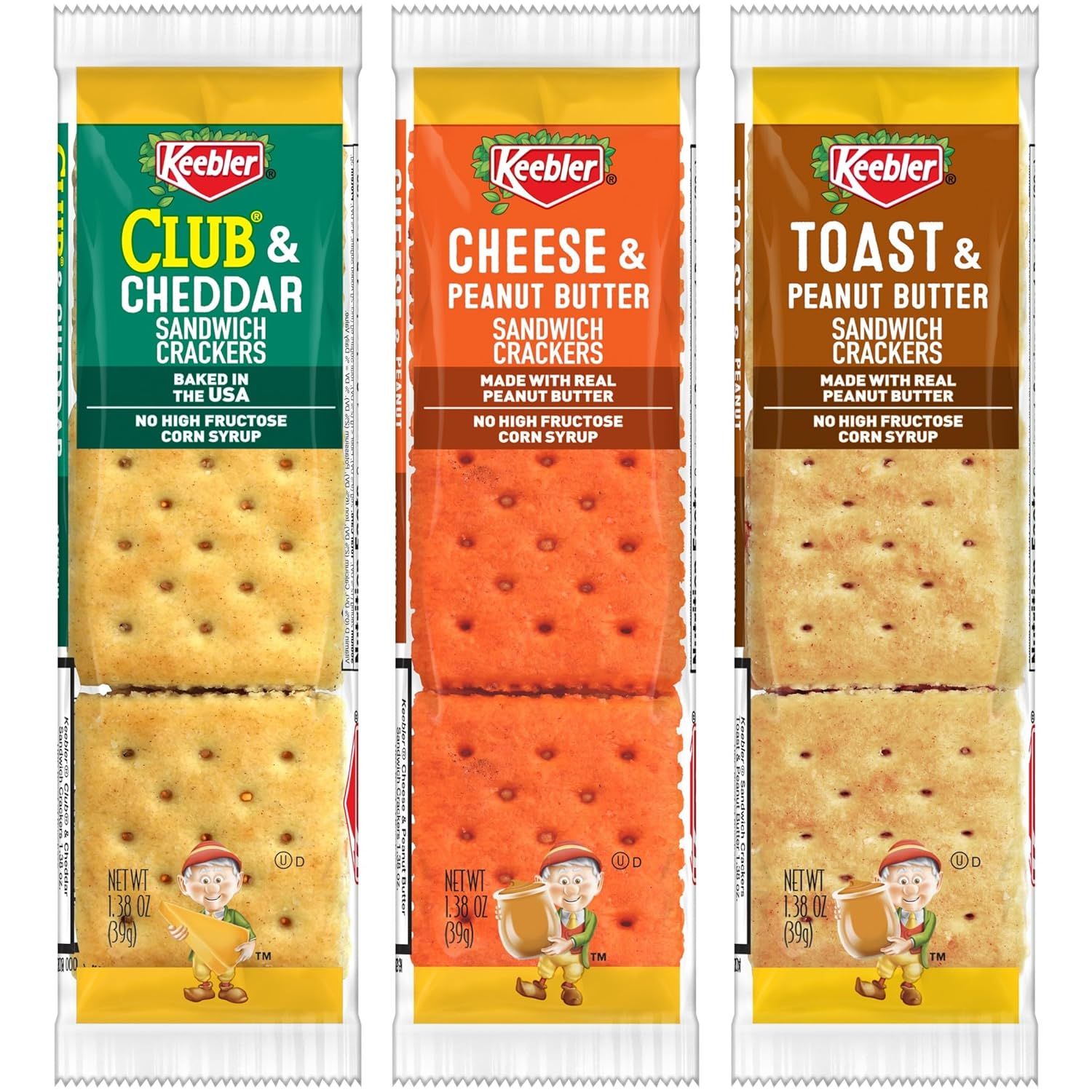 Displays the brand's product lineup side-by-side, showing three different cracker sandwich varieties to help shoppers understand the available flavor options and choose their preferred variant.