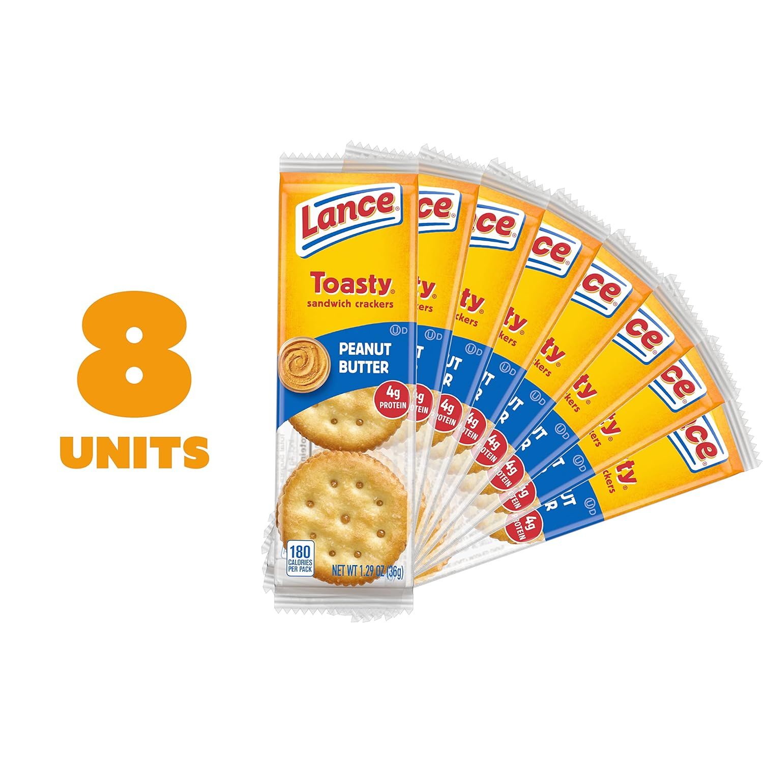 Communicates the quantity included in the purchase, showing shoppers they receive 8 individual packs of Lance Toasty Peanut Butter sandwich crackers.