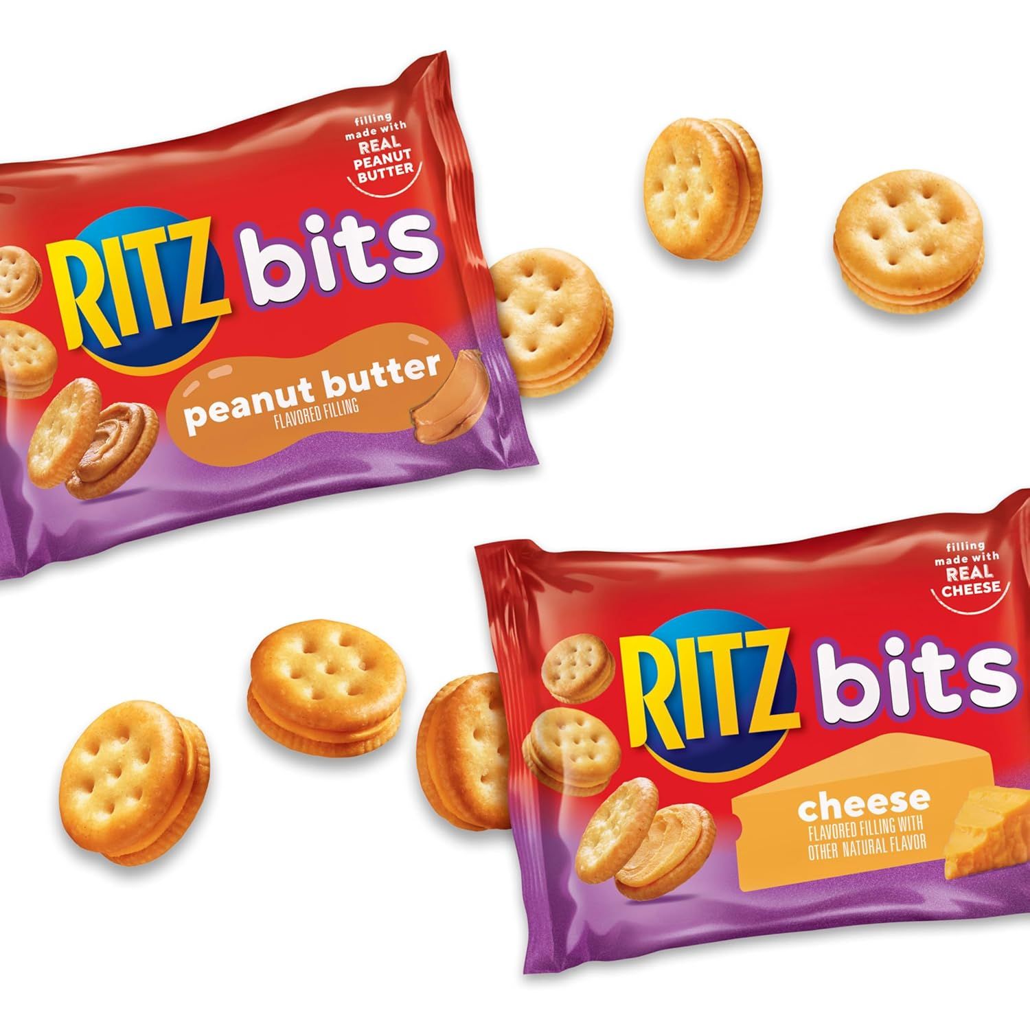 Displays the brand's product line by showing two flavor variants (peanut butter and cheese) of RITZ Bits, helping shoppers understand the available options within the product family.