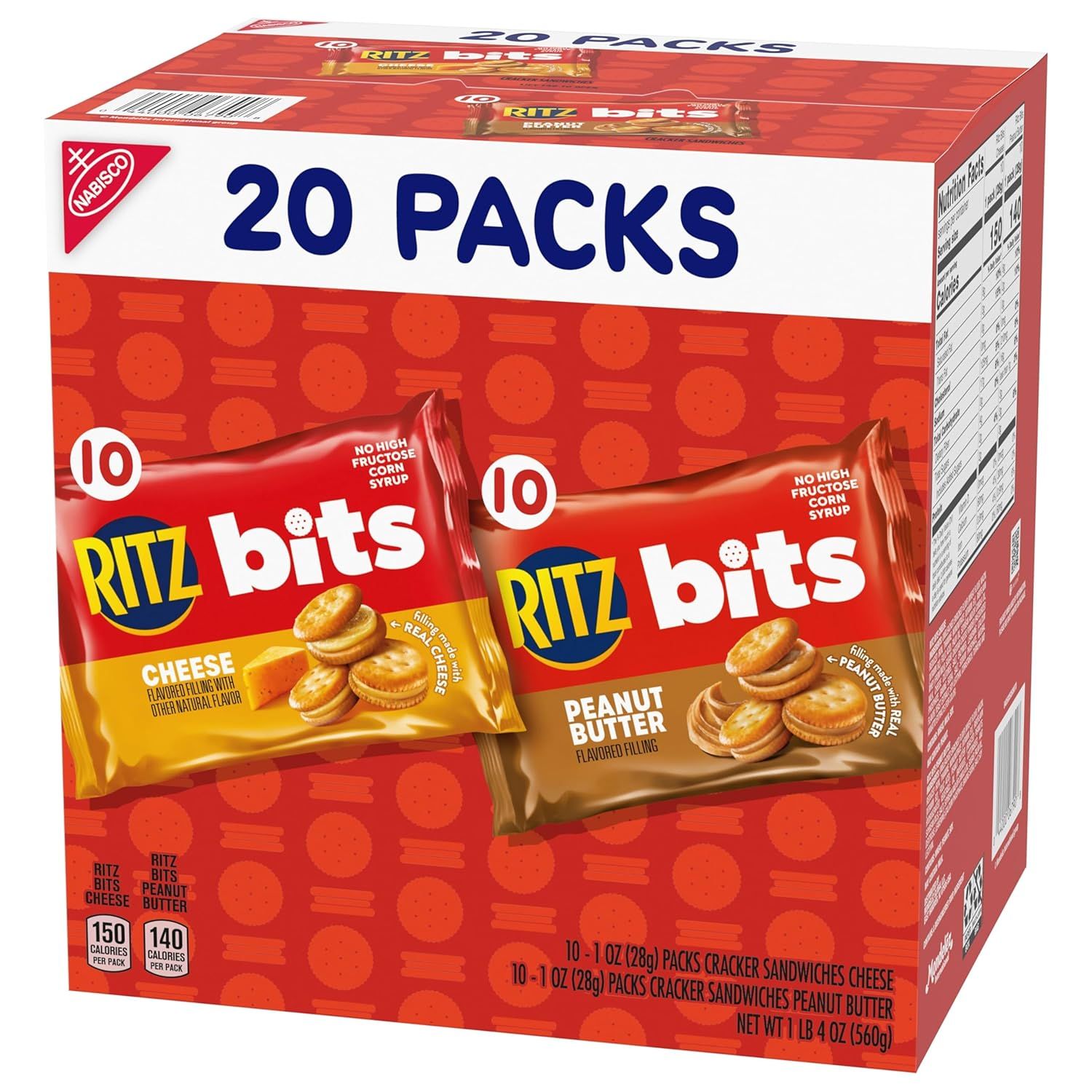 Shows the shopper exactly what they receive in the bundle: 20 individual packs of Ritz Bits in two flavors (Cheese and Peanut Butter), making it clear this is a variety pack purchase.