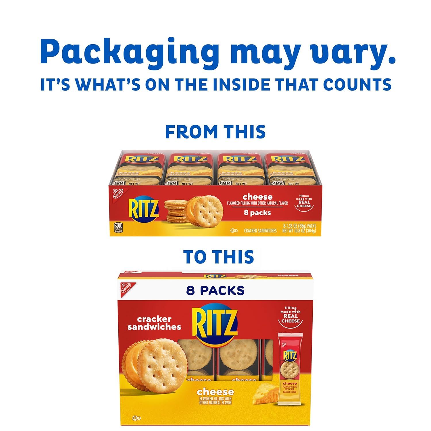 Informs shoppers that the product packaging has changed but the contents remain the same, reducing confusion and building trust in the brand's consistency.