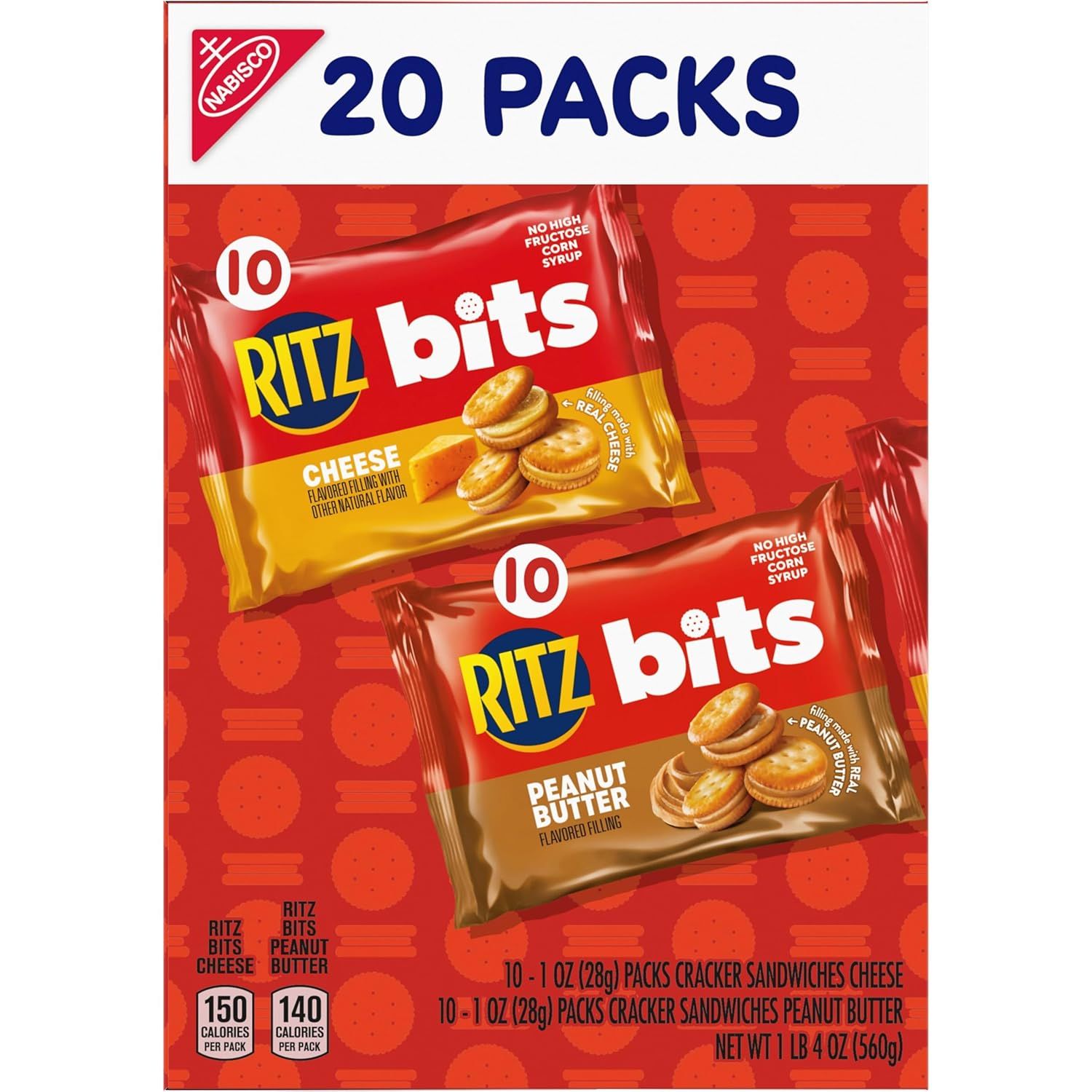Shows shoppers exactly what they receive in the bundle: 20 individual packs split between two flavors (Cheese and Peanut Butter), helping them understand the variety and quantity included.