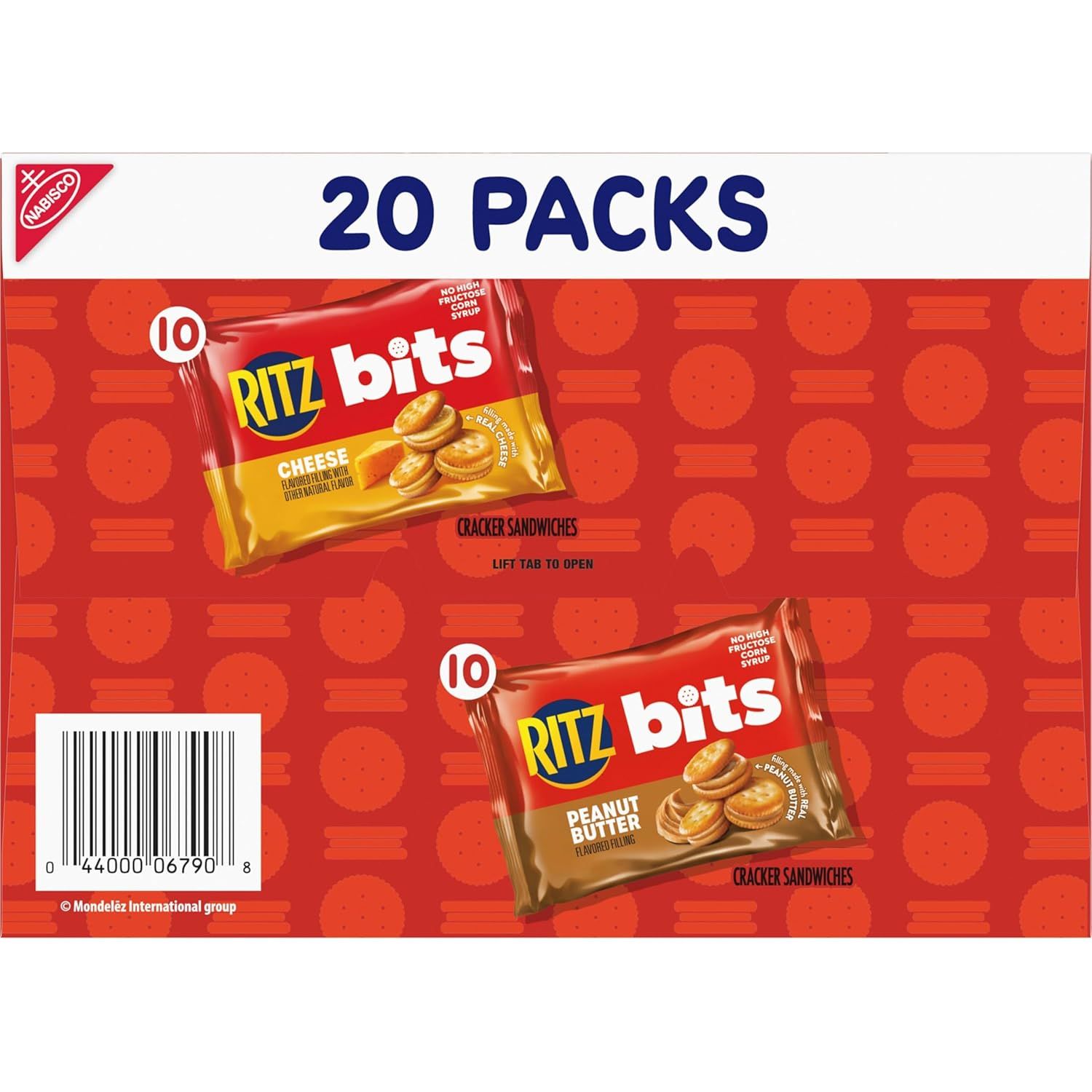 Shows the shopper what they will receive in the bundle: 20 individual packs of Ritz Bits in two flavors (Cheese and Peanut Butter), helping them understand the quantity and variety included.