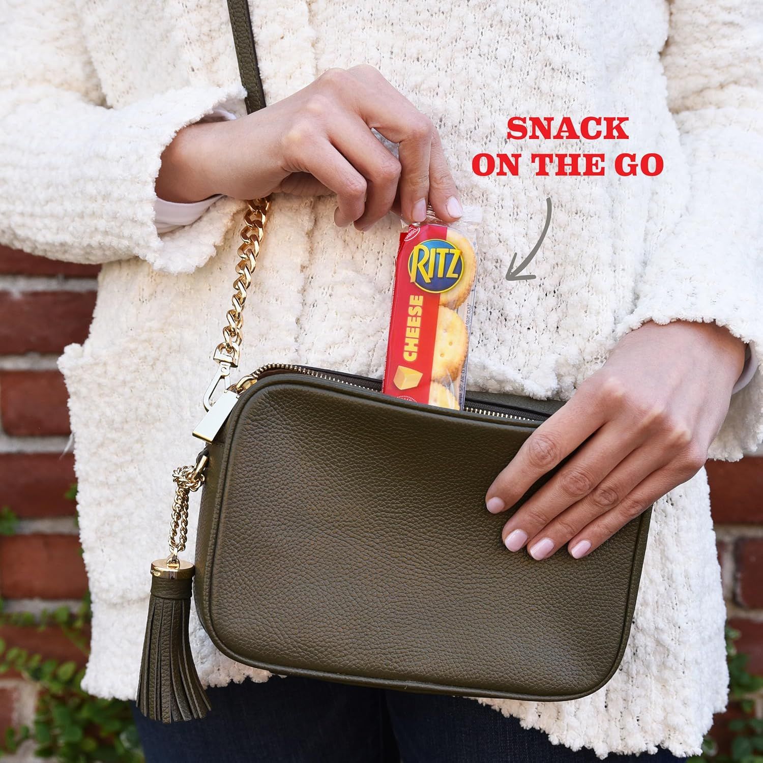 Demonstrates that the product is perfectly sized for on-the-go snacking and fits easily into a purse or bag, emphasizing convenience and portability for busy lifestyles.