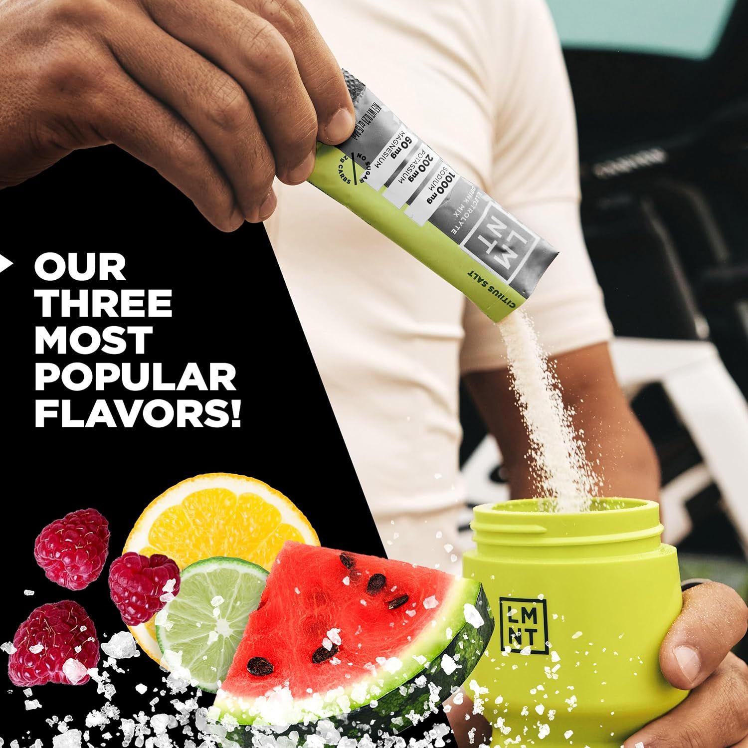 Showcases the brand's three most popular flavor options (raspberry, lemon, lime, watermelon) to help shoppers understand the variety available and guide flavor selection.