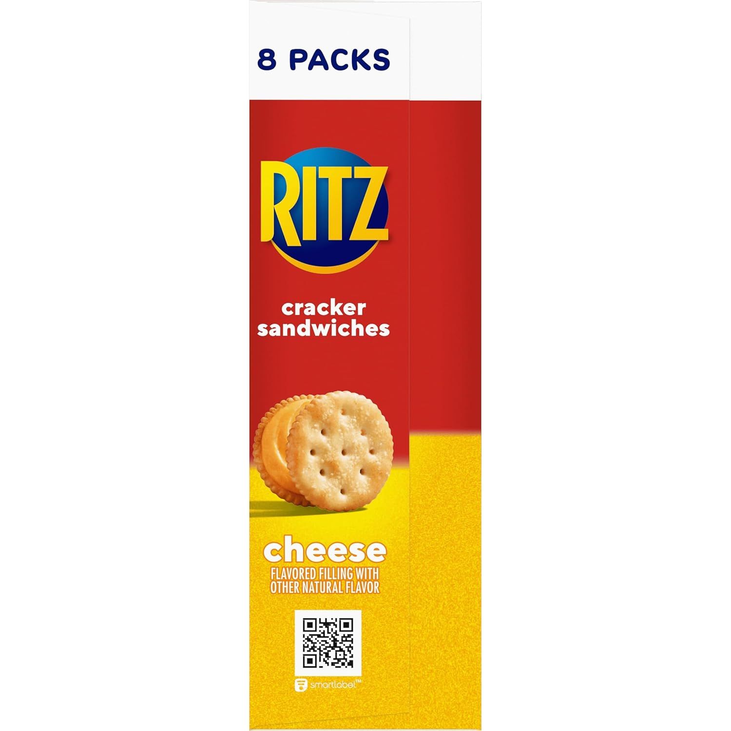 Displays the product packaging clearly on a white background to show shoppers exactly what they will receive, including the 8-pack quantity and cheese cracker sandwich variety.