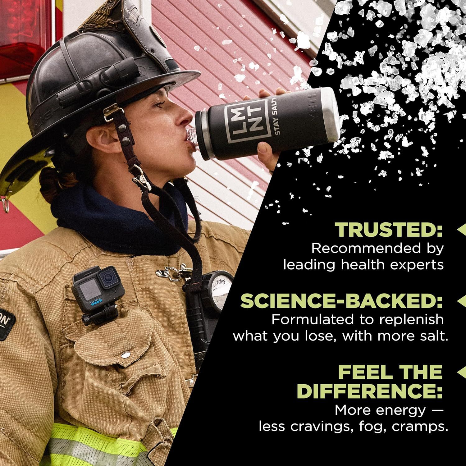Communicates multiple distinct benefits of the product through visually segmented callouts: trusted by health experts, scientifically formulated for electrolyte replenishment, and delivers tangible…