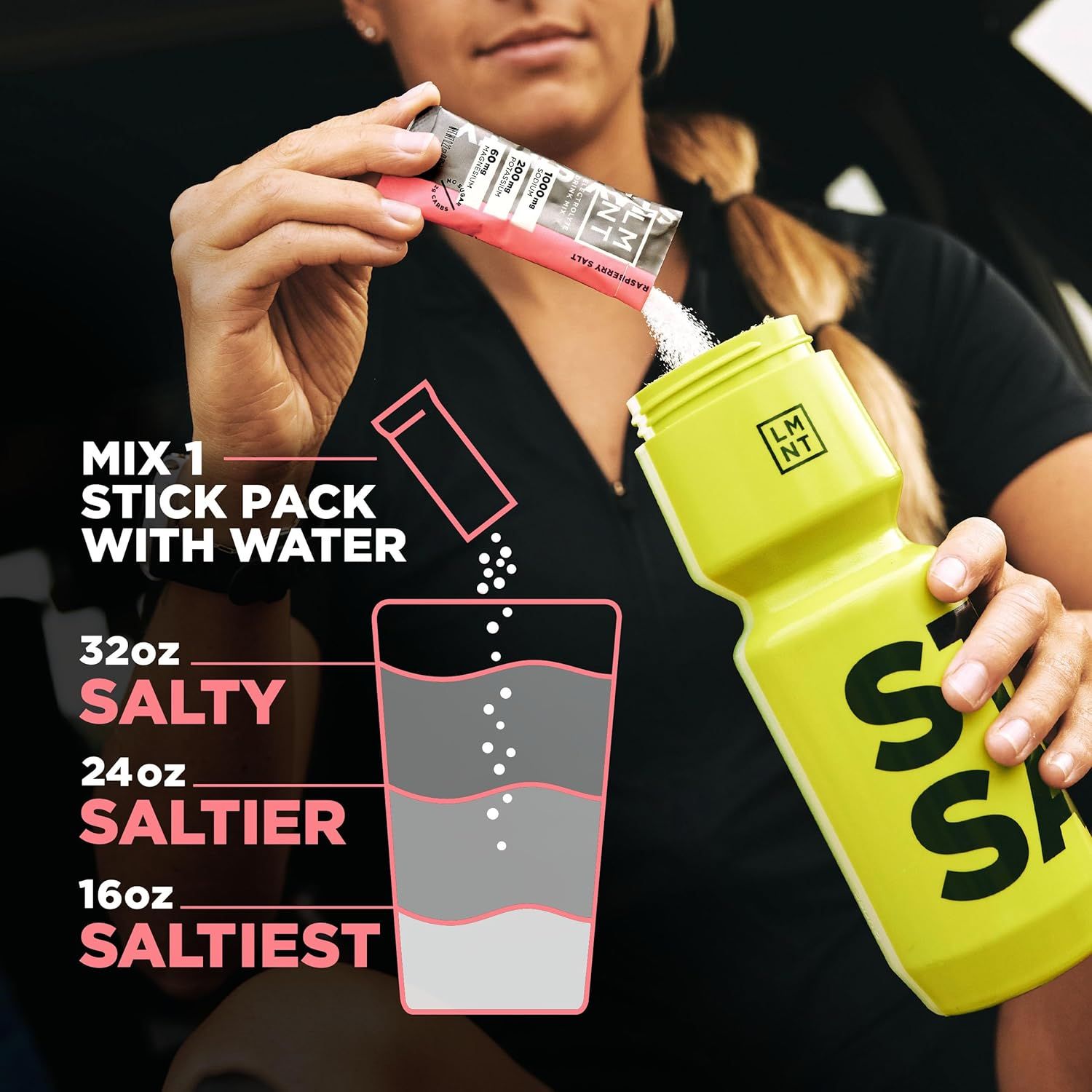 Demonstrates how to prepare the electrolyte drink by mixing one stick pack with water, showing the proper ratios for different saltiness levels to help shoppers understand usage. Provides specific…