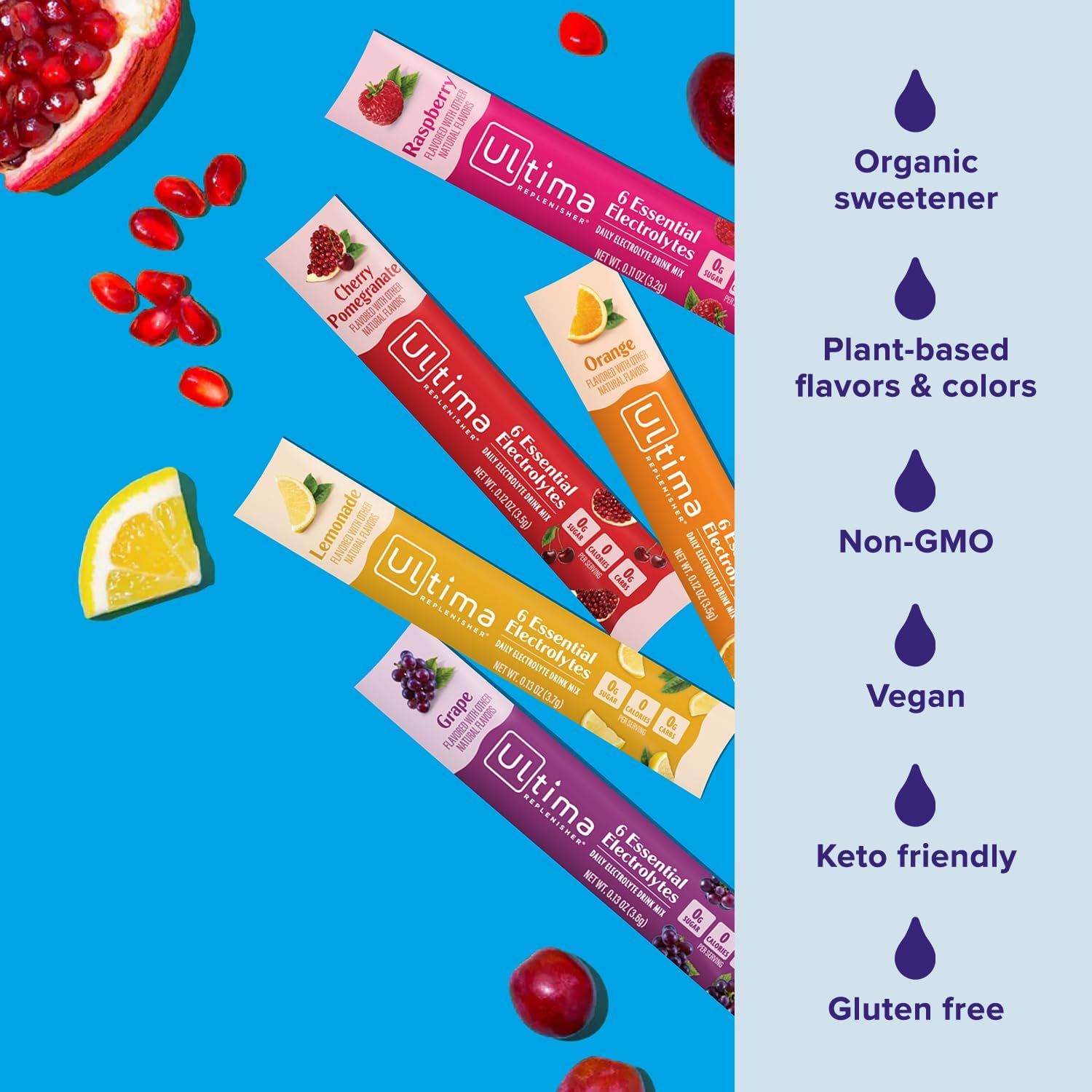 Displays the brand's product lineup showing multiple flavor options (Raspberry, Cherry Pomegranate, Orange, Lemonade, Grape) to help shoppers understand the variety available and choose their…