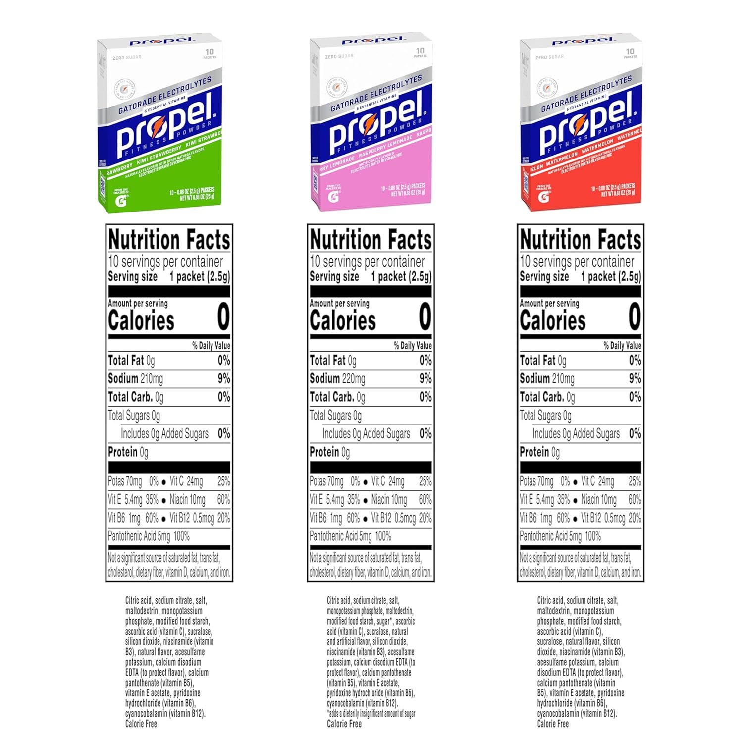 Displays the brand's product lineup showing three different flavor options (green, pink, and orange) with their nutrition facts to help shoppers choose the variant that suits their needs.