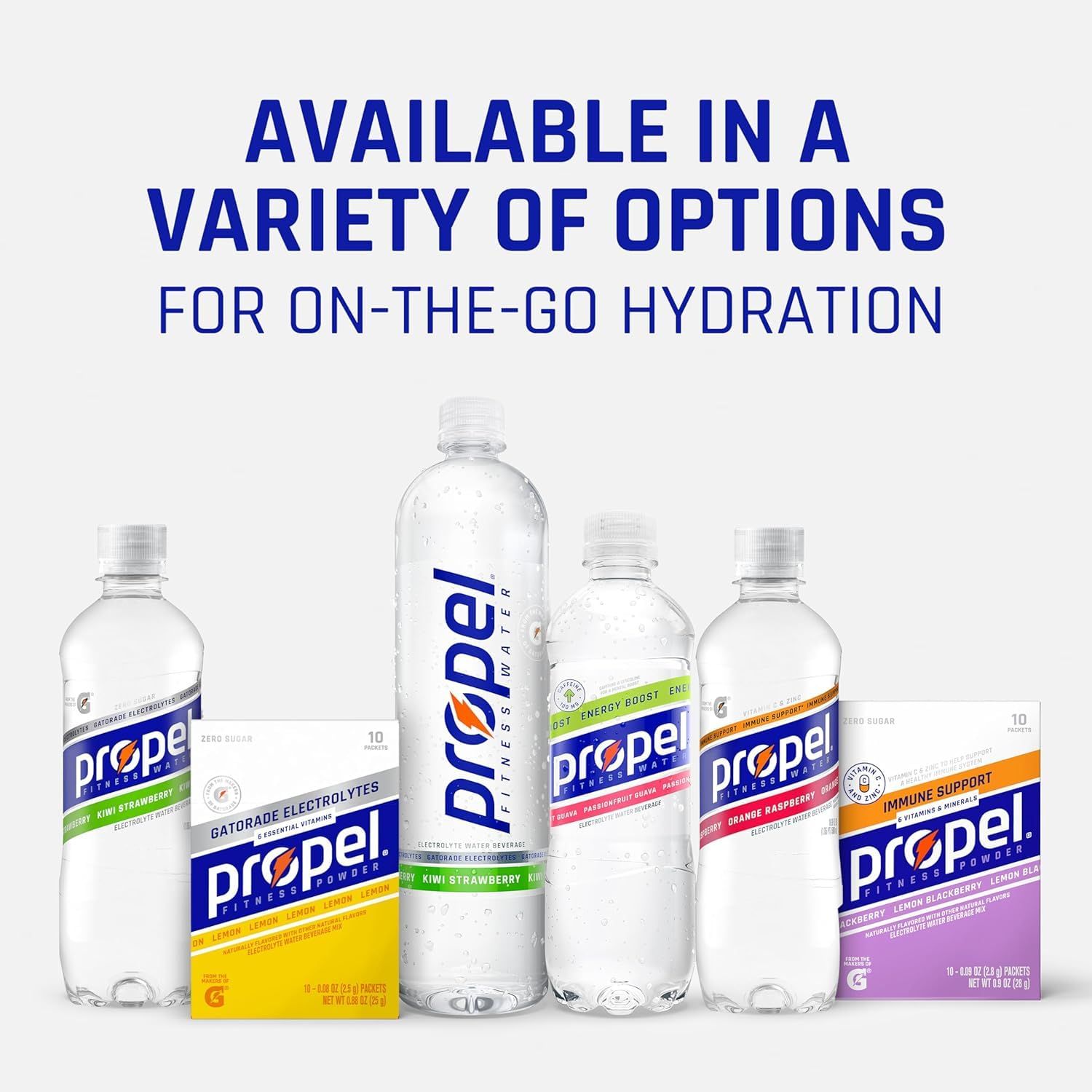 Showcases the brand's product portfolio and variety of options available to help shoppers understand the range of flavors and formats they can choose from for hydration.