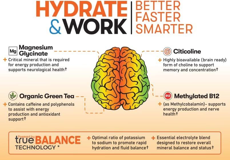 Communicates multiple cognitive and hydration benefits through a segmented layout highlighting key ingredients and their specific functions for brain health, energy, and electrolyte balance.