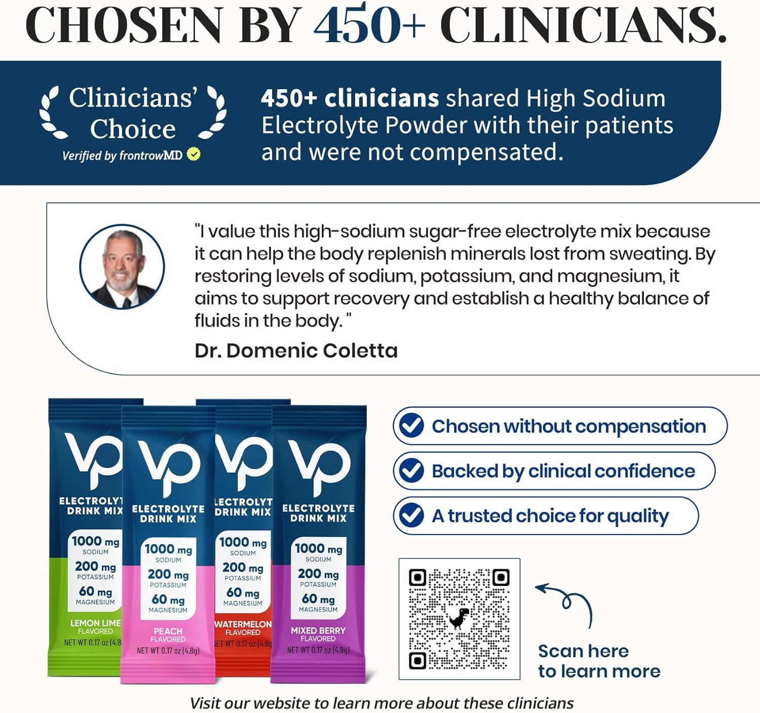 Builds trust and credibility by showcasing that 450+ clinicians recommend this electrolyte product, featuring a direct quote from Dr. Domenic Coletta explaining the health benefits and emphasizing…