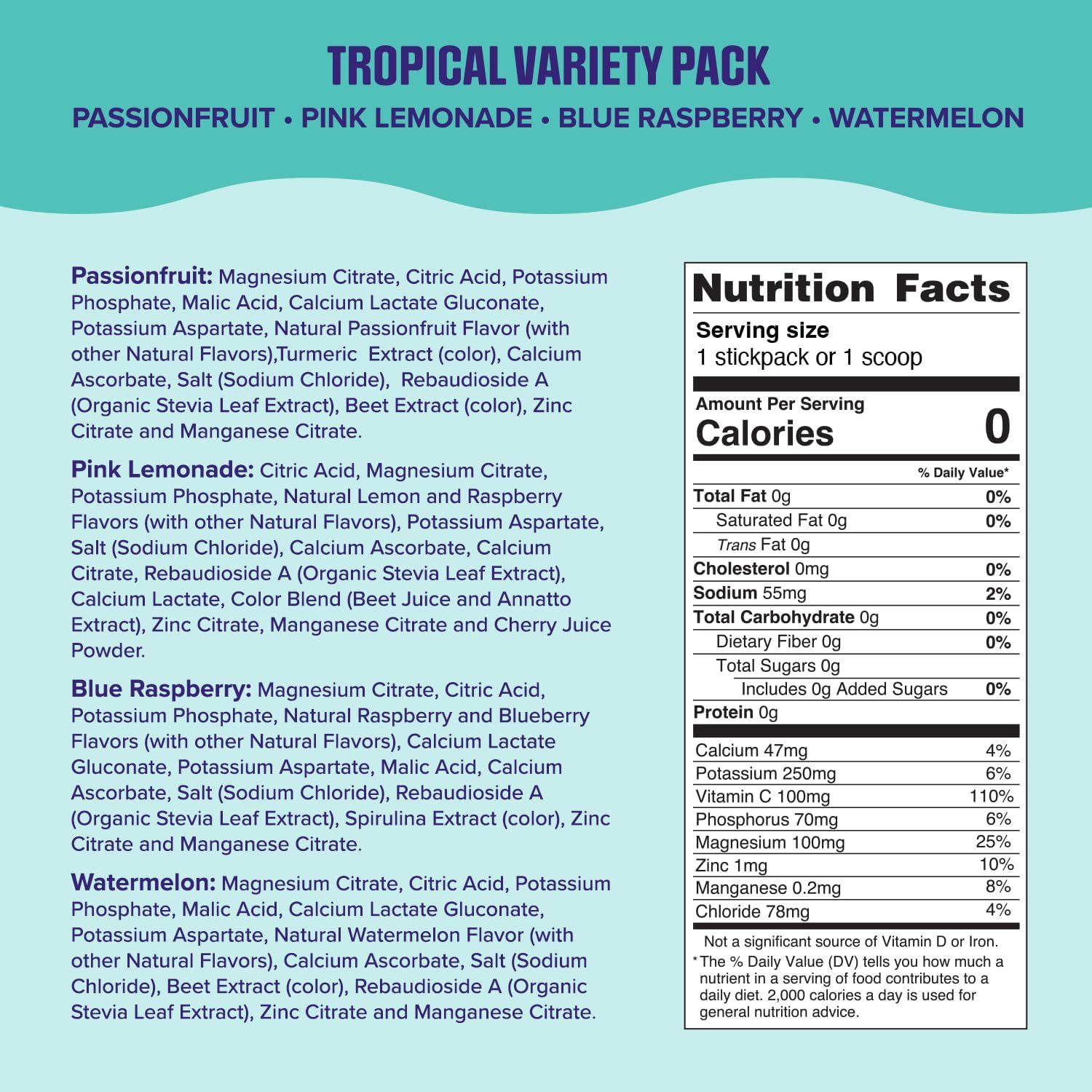 Showcases the brand's product lineup by displaying all four flavor options available in the tropical variety pack, helping shoppers understand the variety included and choose between different…