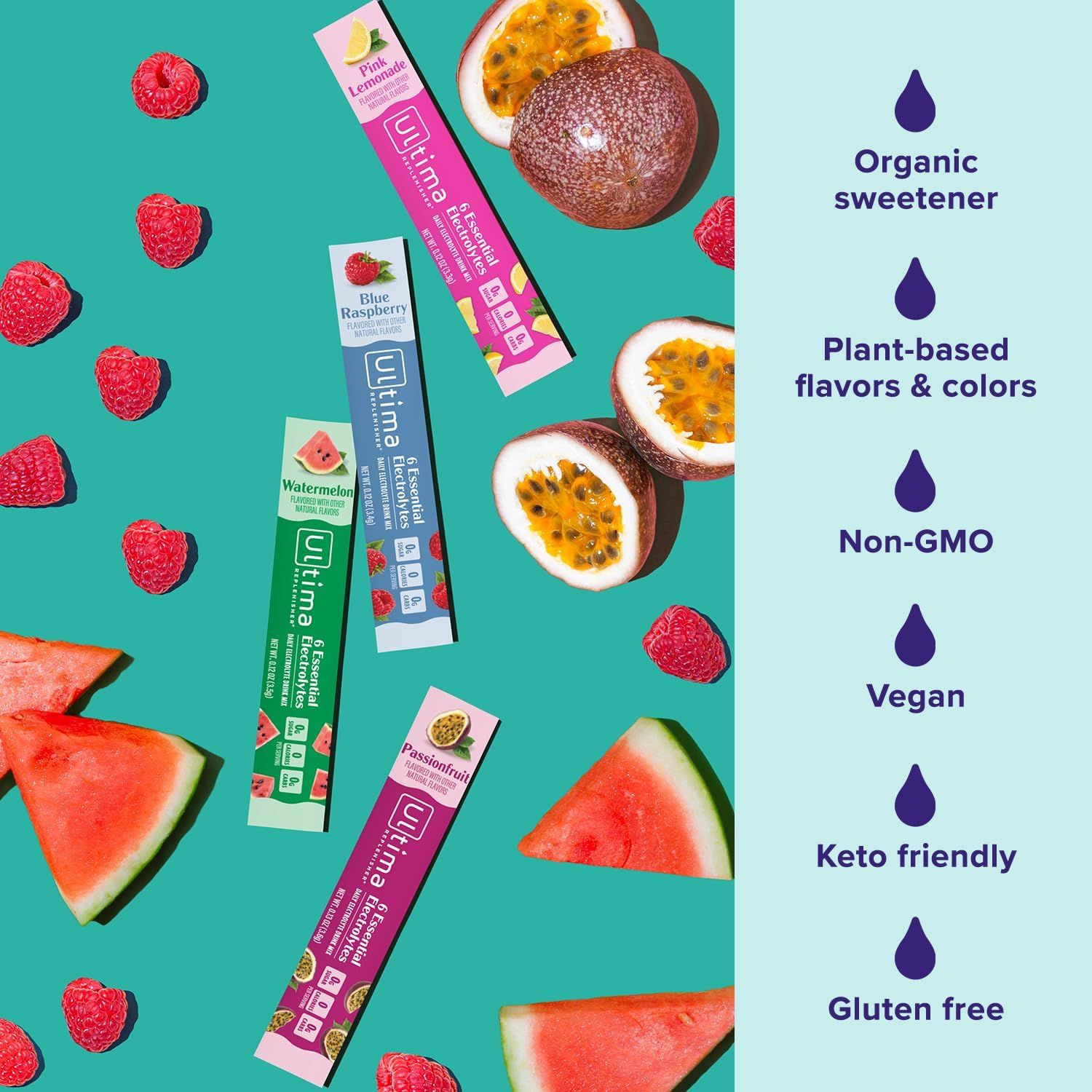 Communicates multiple key product benefits in a visually segmented layout to reassure health-conscious shoppers that the product meets various dietary and quality standards.