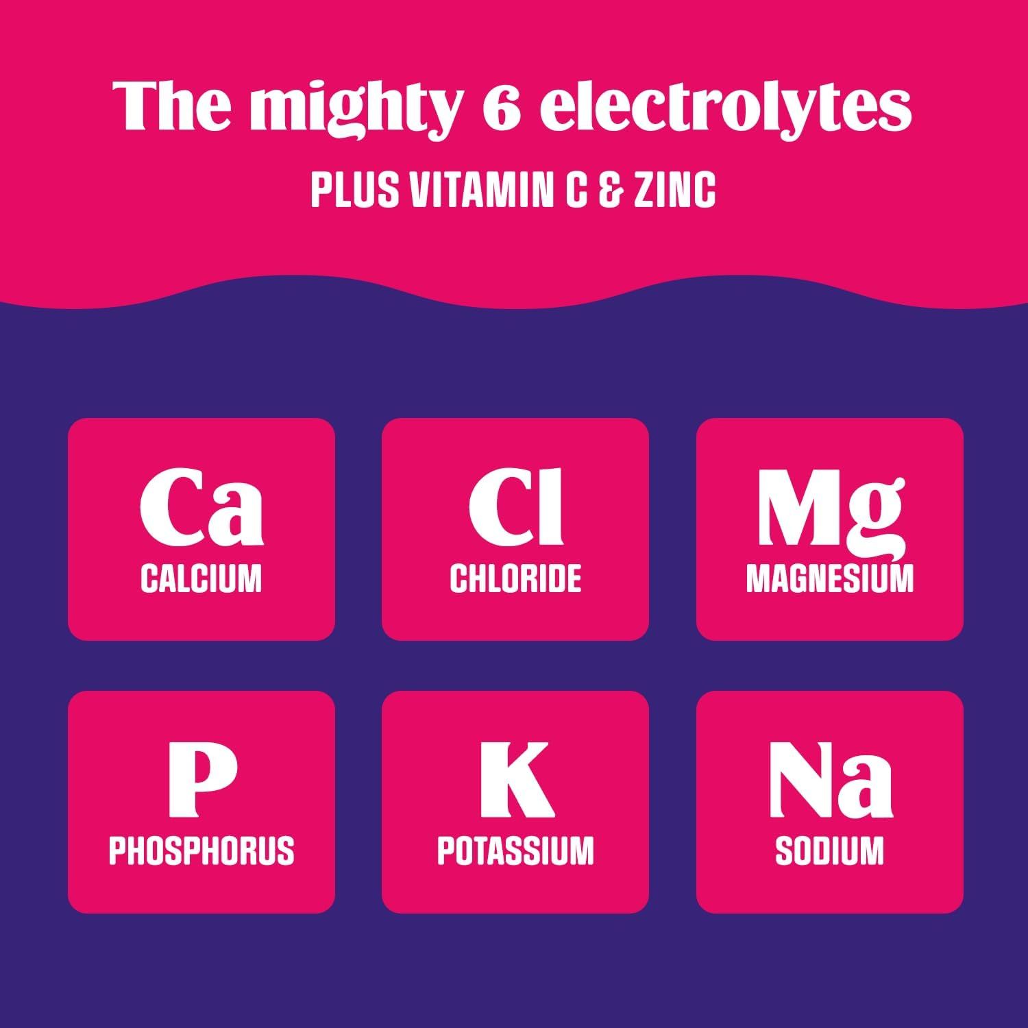 Communicates the comprehensive nutritional profile of the product by highlighting the inclusion of six essential electrolytes plus vitamin C and zinc, reassuring shoppers of its complete hydration…