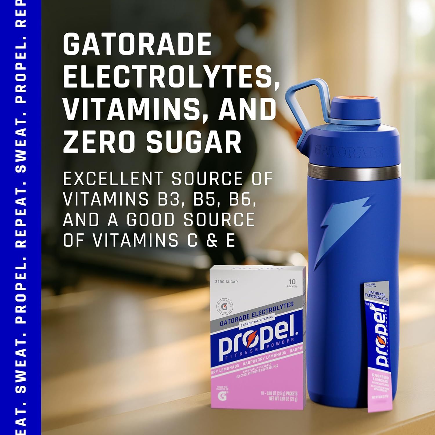 Communicates the key nutritional benefits of the Gatorade Propel product, emphasizing its electrolytes, vitamins, and zero sugar content to appeal to health-conscious consumers.
