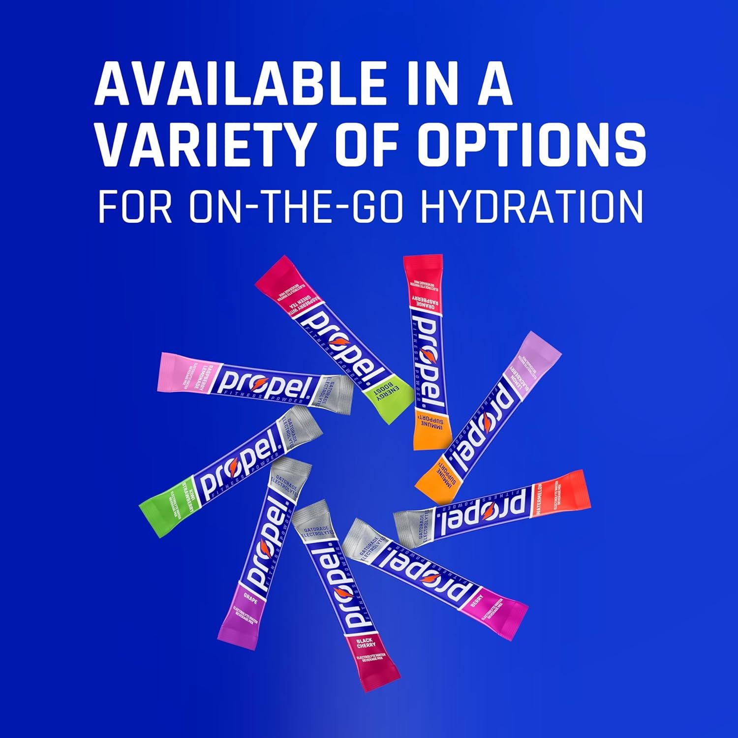 Showcases the brand's product portfolio and variety of flavor options available, helping shoppers understand the range of choices for on-the-go hydration.