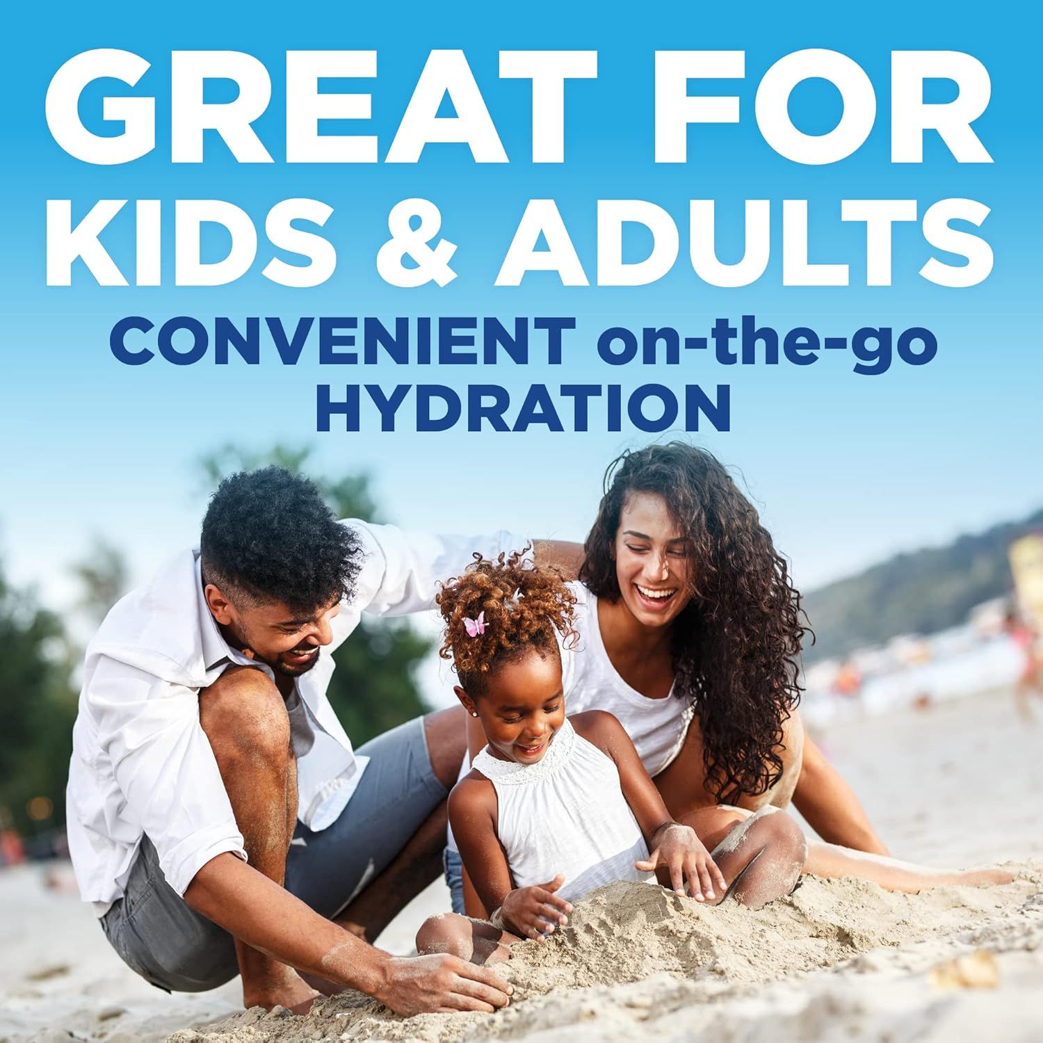 Communicates that the product provides convenient hydration for both kids and adults during outdoor activities and on-the-go moments, appealing to families.