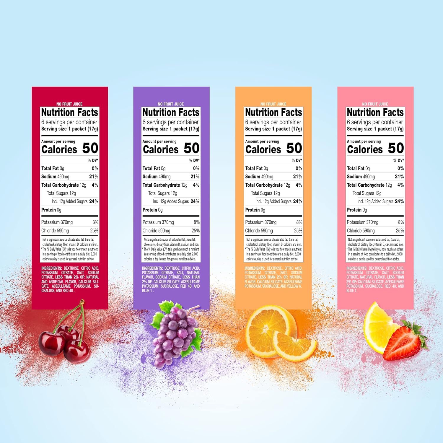 Displays the brand's product lineup side-by-side, showing multiple flavor options (cherry, grape, orange, strawberry-lemon) to help shoppers understand the variety available and choose their…