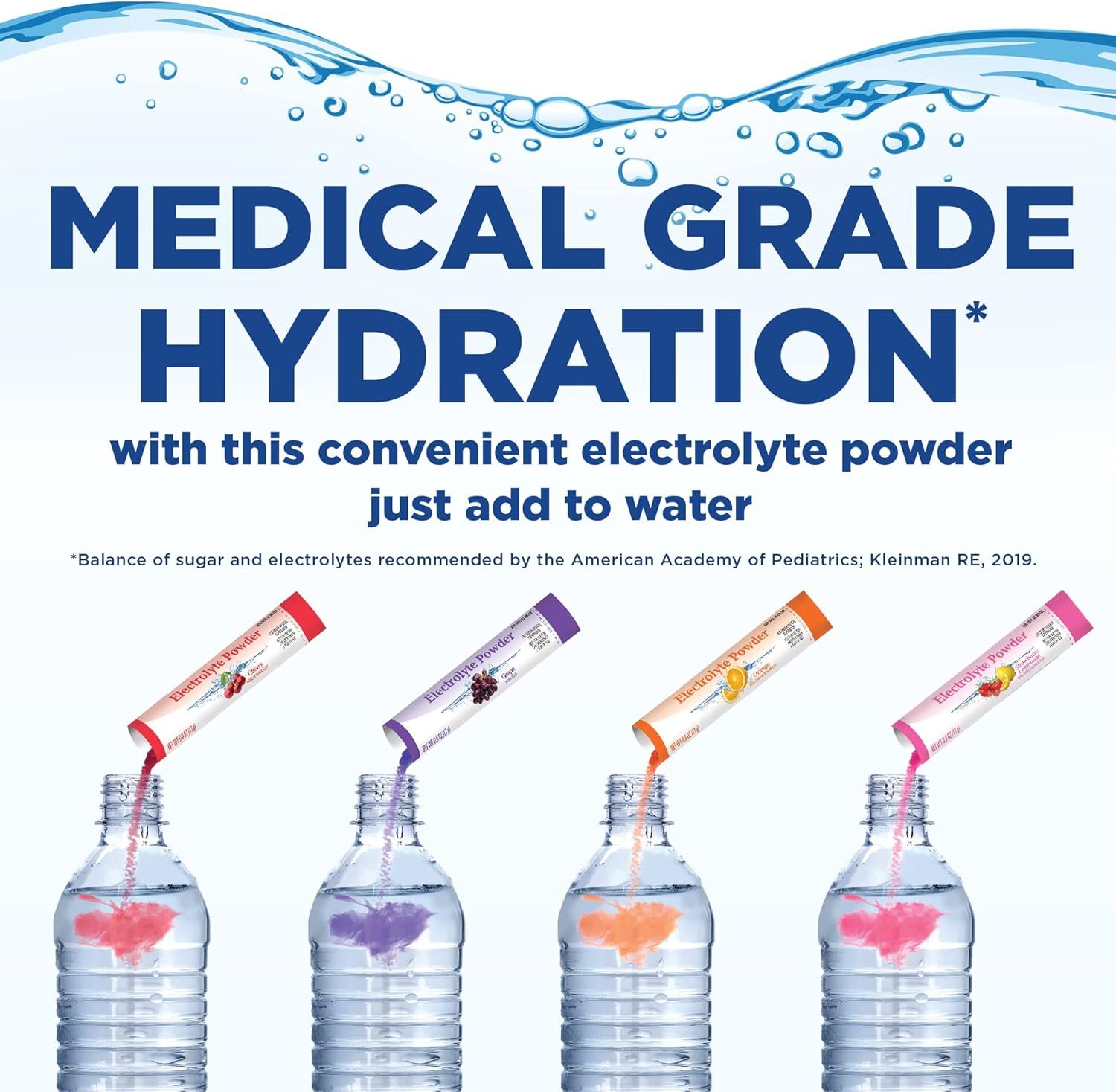 Showcases the brand's electrolyte powder product line with multiple flavor options while emphasizing the medical-grade quality and professional endorsement to build trust and help shoppers choose…