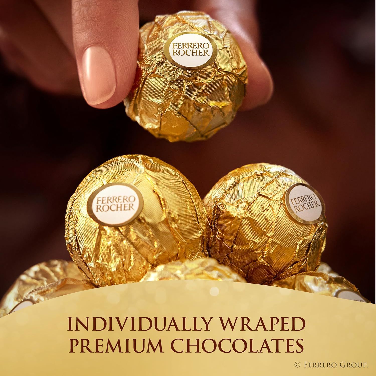 Communicates the premium, individually wrapped nature of the chocolates to emphasize quality, luxury, and gift-worthiness.