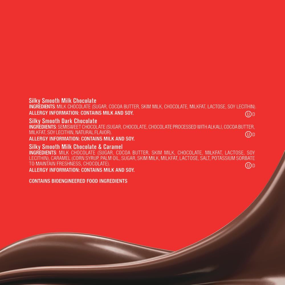 Communicates the different chocolate varieties included in the product and provides detailed ingredient and allergy information to help shoppers make informed purchasing decisions.