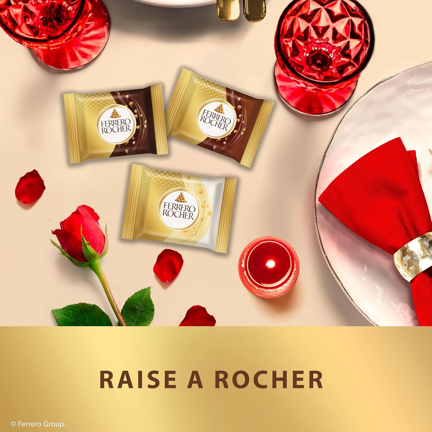 Positions Ferrero Rocher as a premium gift choice for romantic occasions, using red roses, candles, and elegant table setting to evoke celebration and romance.