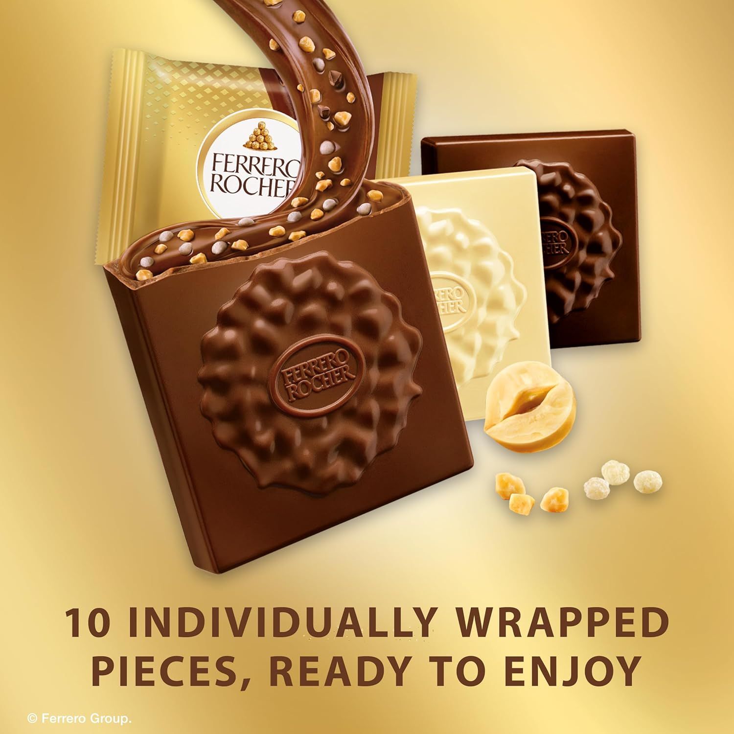 Communicates that the product contains 10 individually wrapped chocolate pieces, emphasizing convenience, freshness, and portion control for the shopper.