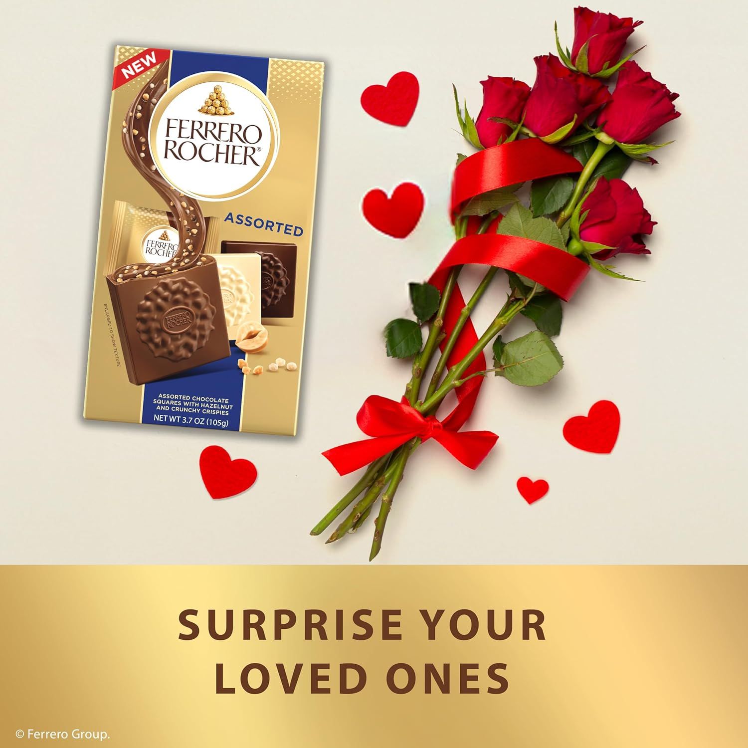Positions the Ferrero Rocher chocolates as a romantic gift for Valentine's Day or special occasions, using roses, hearts, and ribbon to evoke love and gifting.