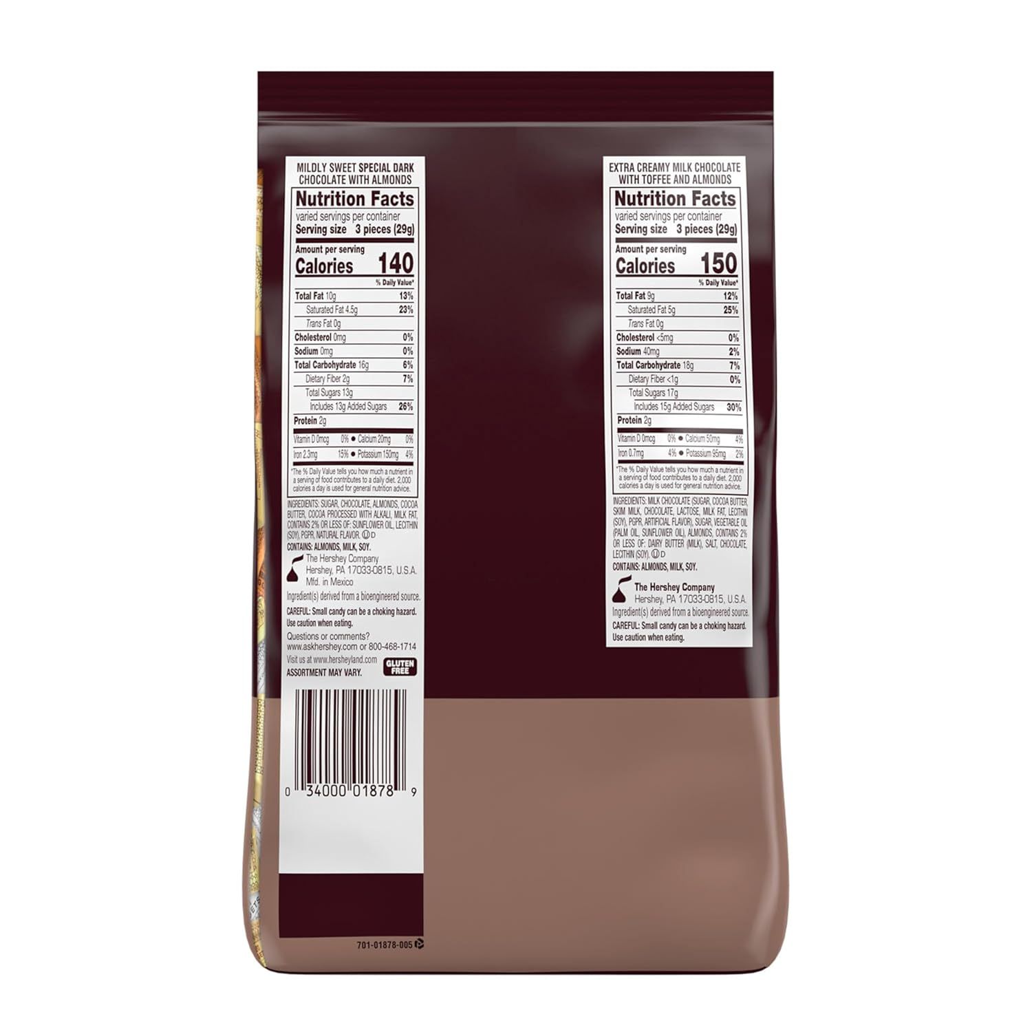 Shows the brand's product portfolio by displaying two different chocolate varieties side-by-side with their nutrition facts, helping shoppers compare and choose between flavor options.