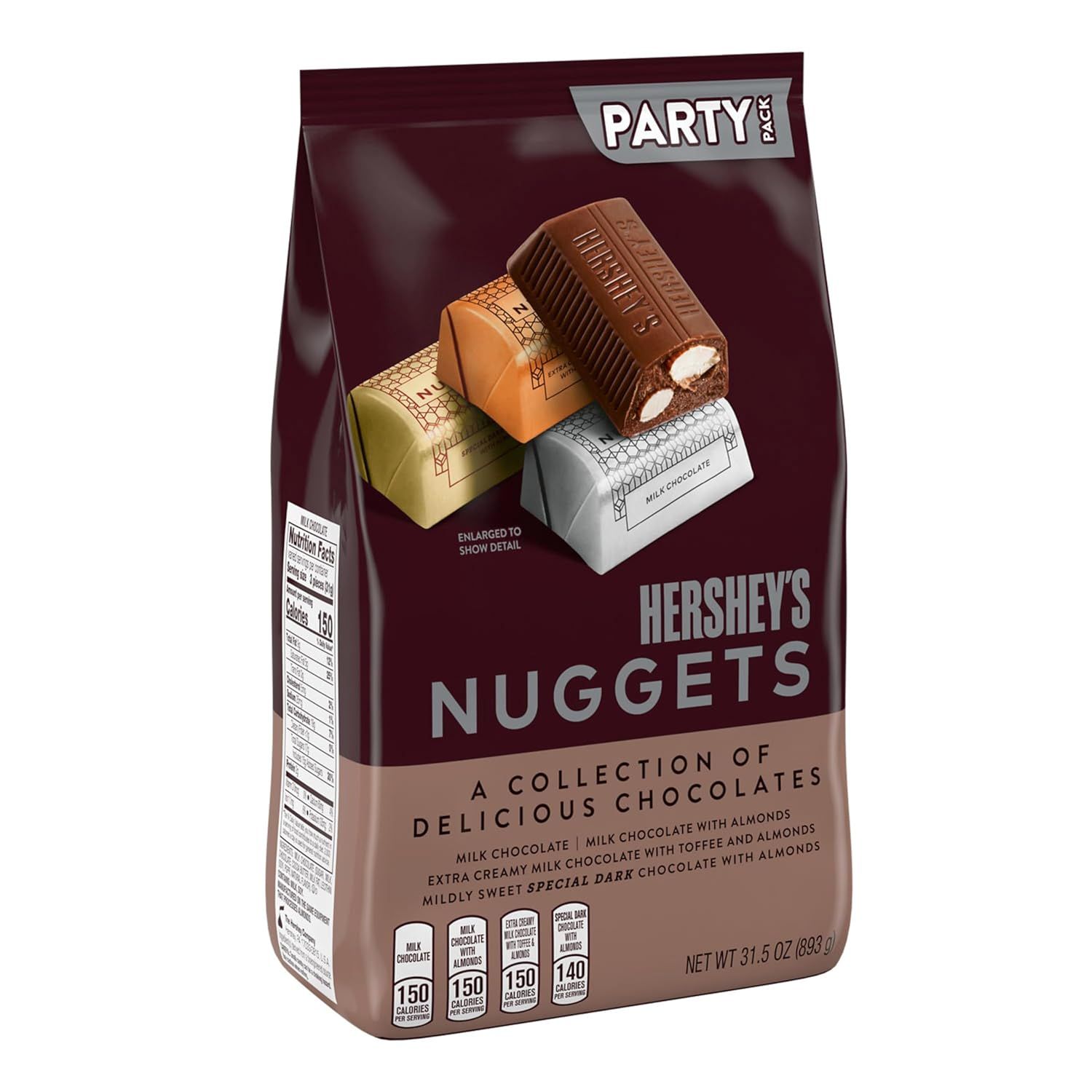 Showcases the brand's product line by displaying multiple flavor/variety options of Hershey's Nuggets chocolates available in this party-size collection, helping shoppers understand the assortment…