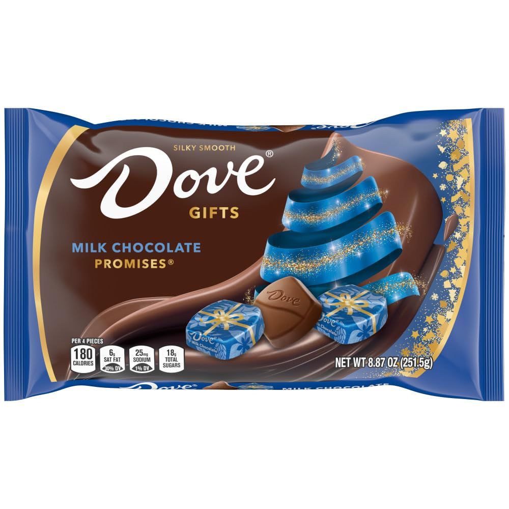 Positions the product as a holiday gift option with festive blue and gold packaging, Christmas tree imagery, and wrapped chocolates to appeal to seasonal shoppers.