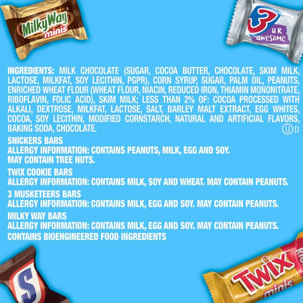 Shows the different candy bar varieties included in the pack and provides detailed ingredient and allergy information for each product to help shoppers make informed purchasing decisions.