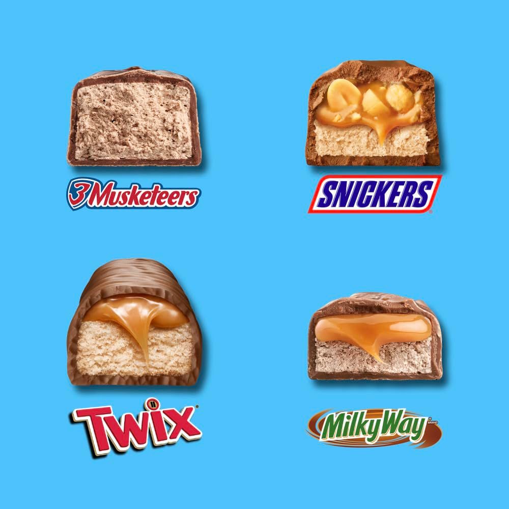 Showcases the brand's product portfolio by displaying four different candy bar options (3 Musketeers, Snickers, Twix, and Milky Way) with their internal cross-sections visible, helping shoppers…