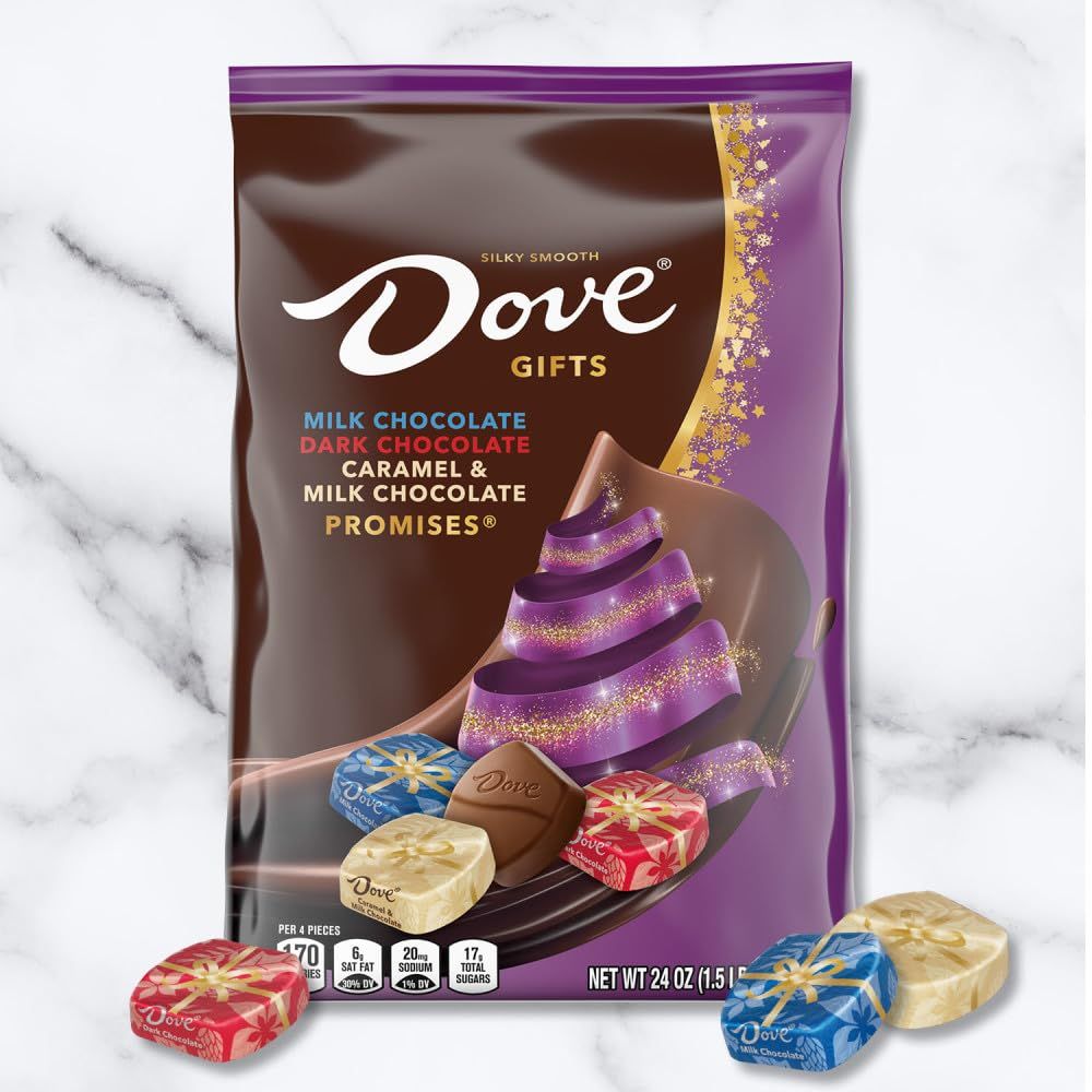 Shows the variety of chocolate types included in the gift bag (milk chocolate, dark chocolate, caramel & milk chocolate Promises) to help shoppers understand what they're getting in the assortment.