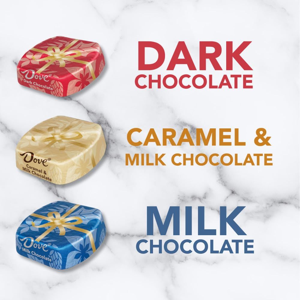 Showcases the brand's product lineup by displaying three different flavor variants (Dark Chocolate, Caramel & Milk Chocolate, and Milk Chocolate) to help shoppers understand the available options…