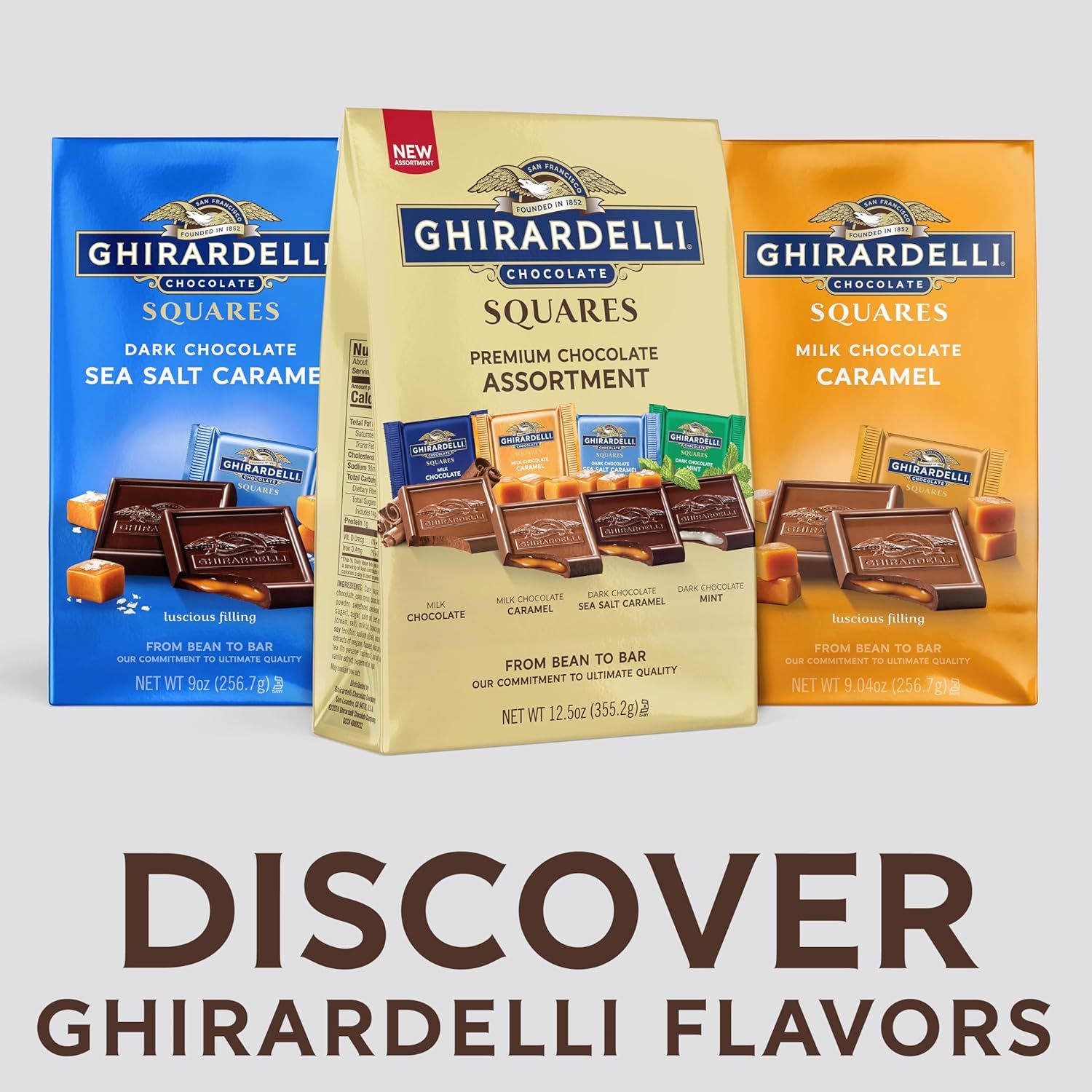 Showcases the Ghirardelli product line and flavor variety to help shoppers discover the range of options available and encourage exploration of the brand's offerings.