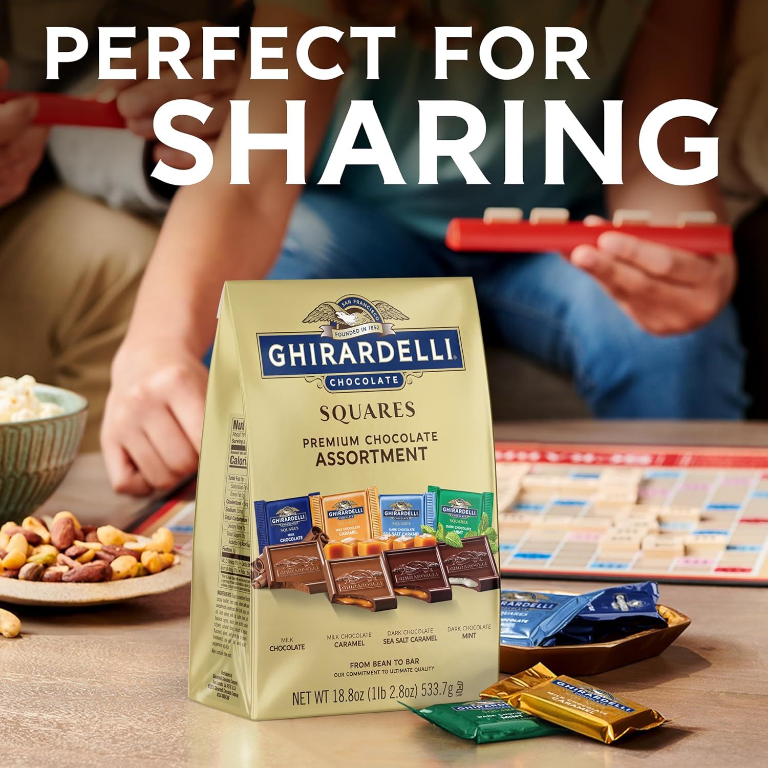 Positions the product as ideal for sharing during social gatherings, game nights, or family occasions, emphasizing its role as a shareable treat that brings people together. Communicates the key…