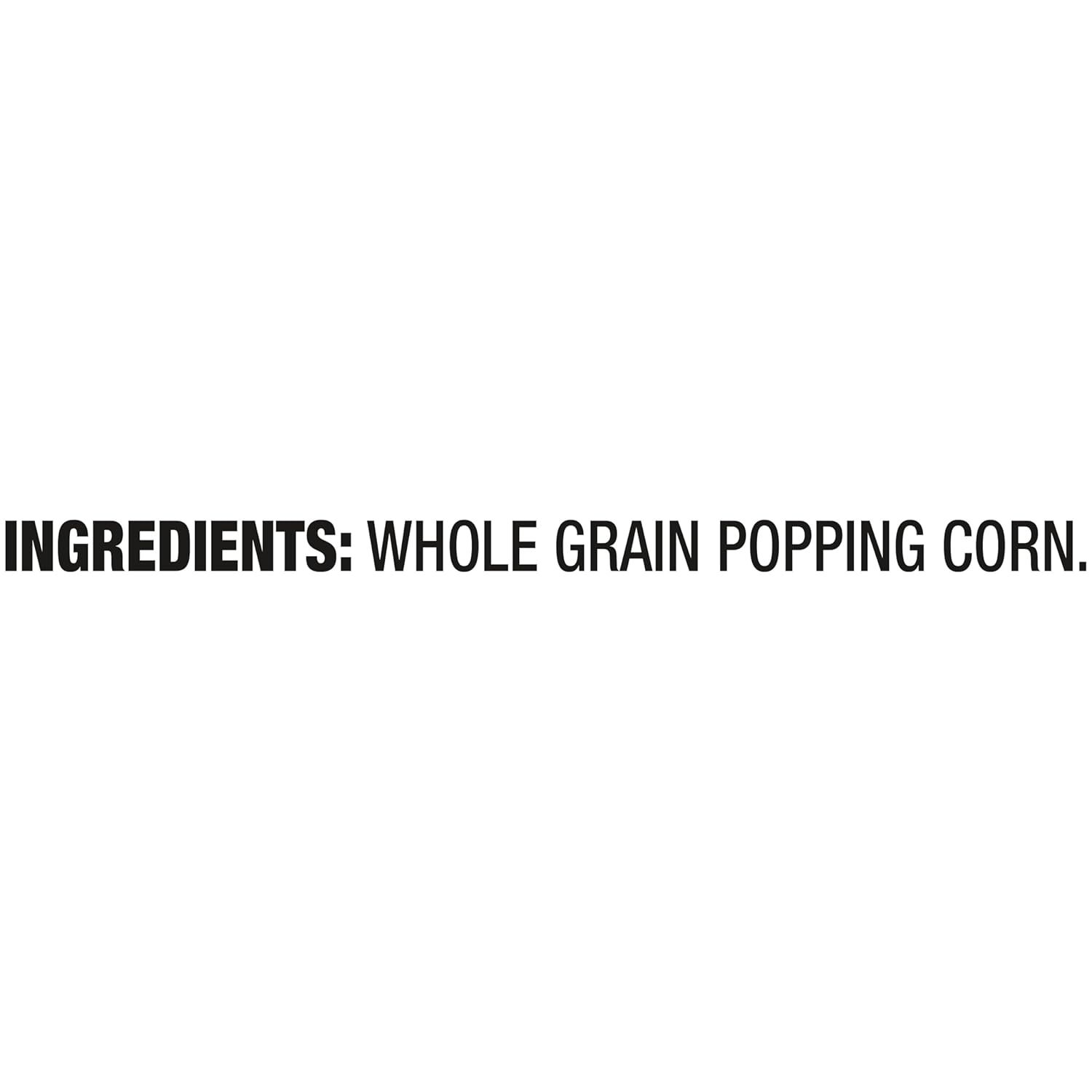 Communicates the product's clean, simple ingredient list to reassure health-conscious shoppers that it contains only whole grain popping corn with no additives.